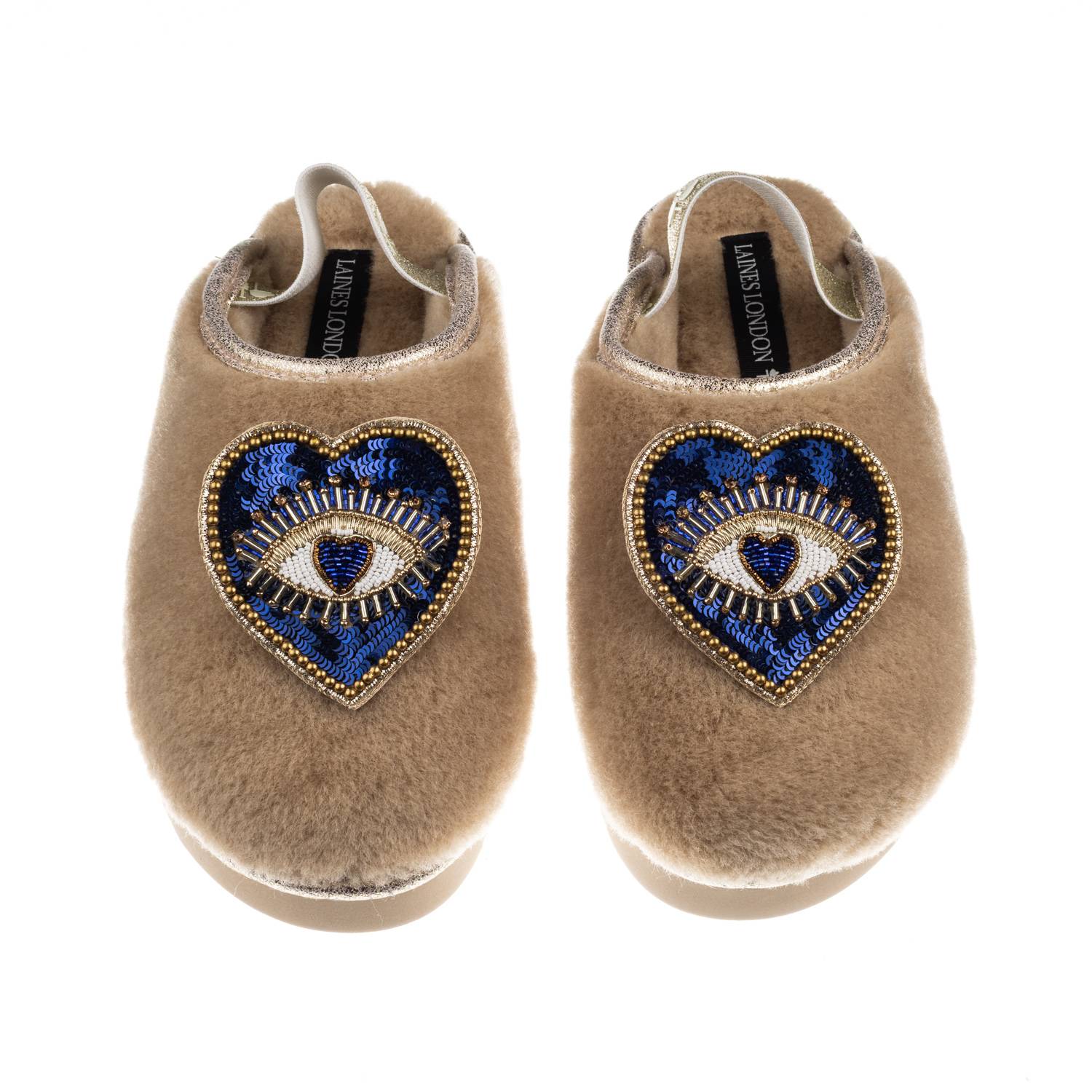 Laines London Women's Brown / Gold / Neutrals Flatform Cloud Slippers With Double Blue Heart Eye Brooches - Toffee