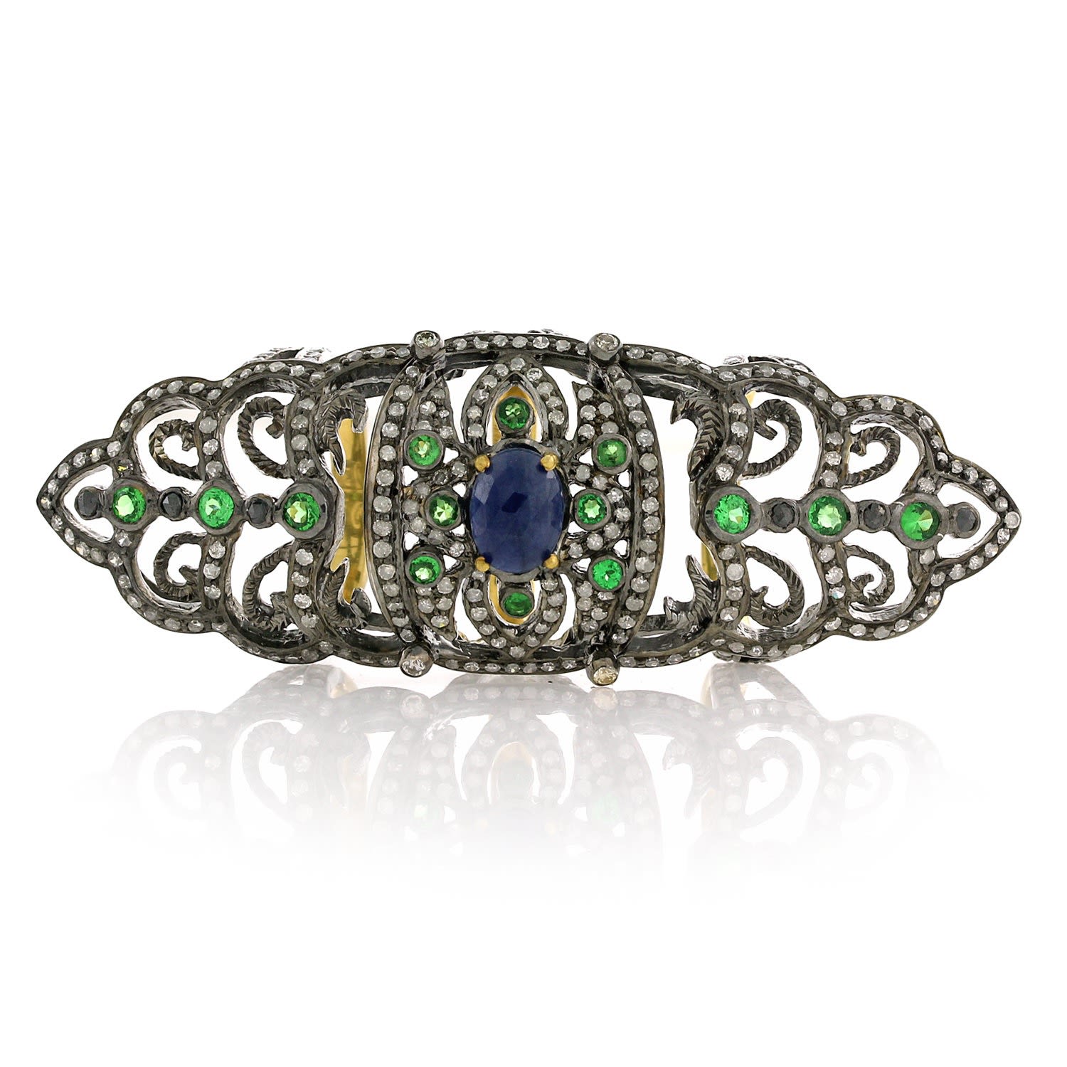 Women’s Green / Gold / Silver Sapphire Tsavorite Gemstone Diamond 18K Gold 925 Sterling Silver Knuckle Ring Jewelry Artisan