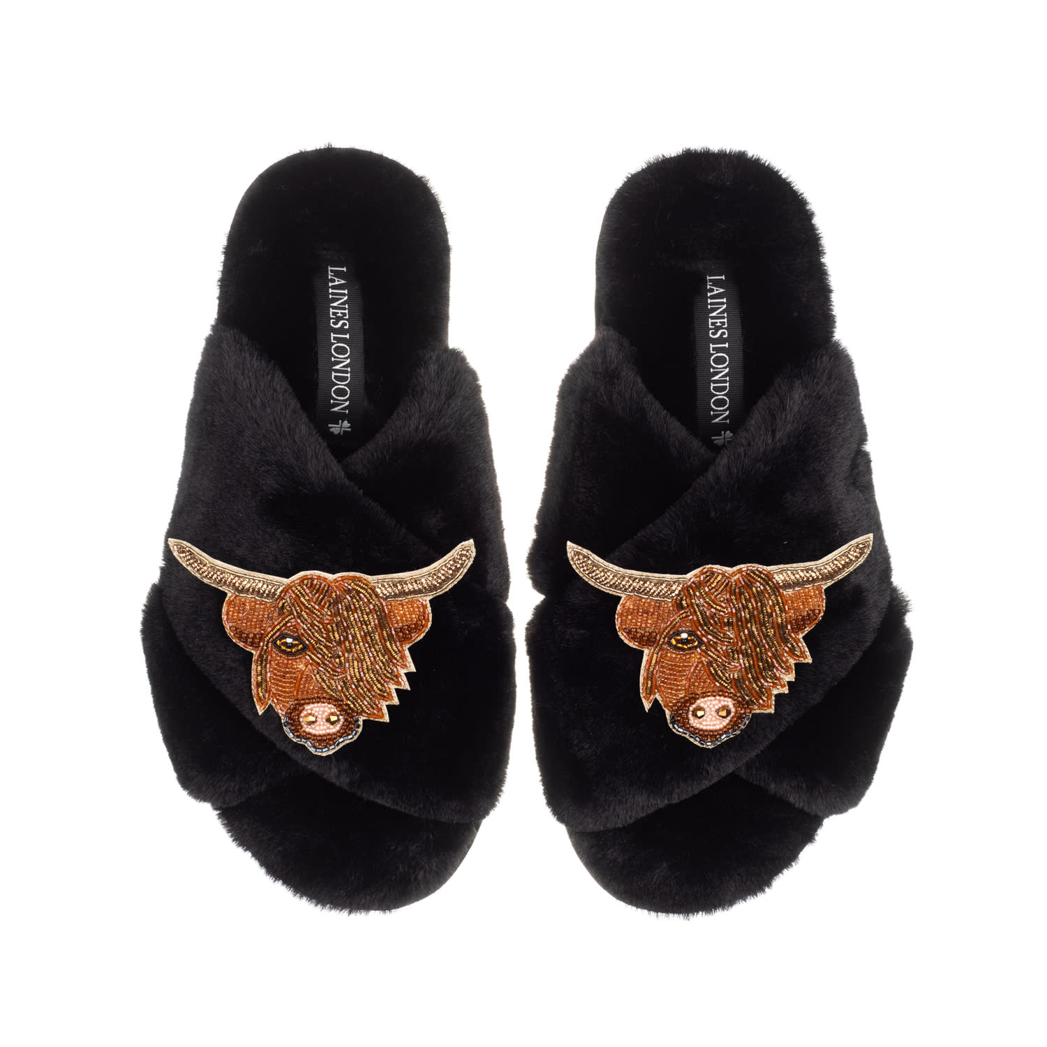 Laines London Women's Classic Laines Slippers With Double Highland Cow Brooches - Black In Black
