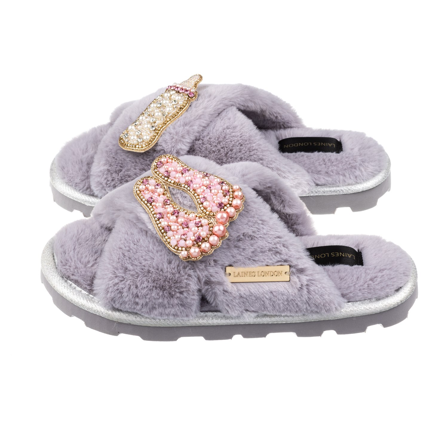 Women’s Ultralight Chic Laines Slipper Sliders With New Baby Girl Brooches - Grey Large Laines London