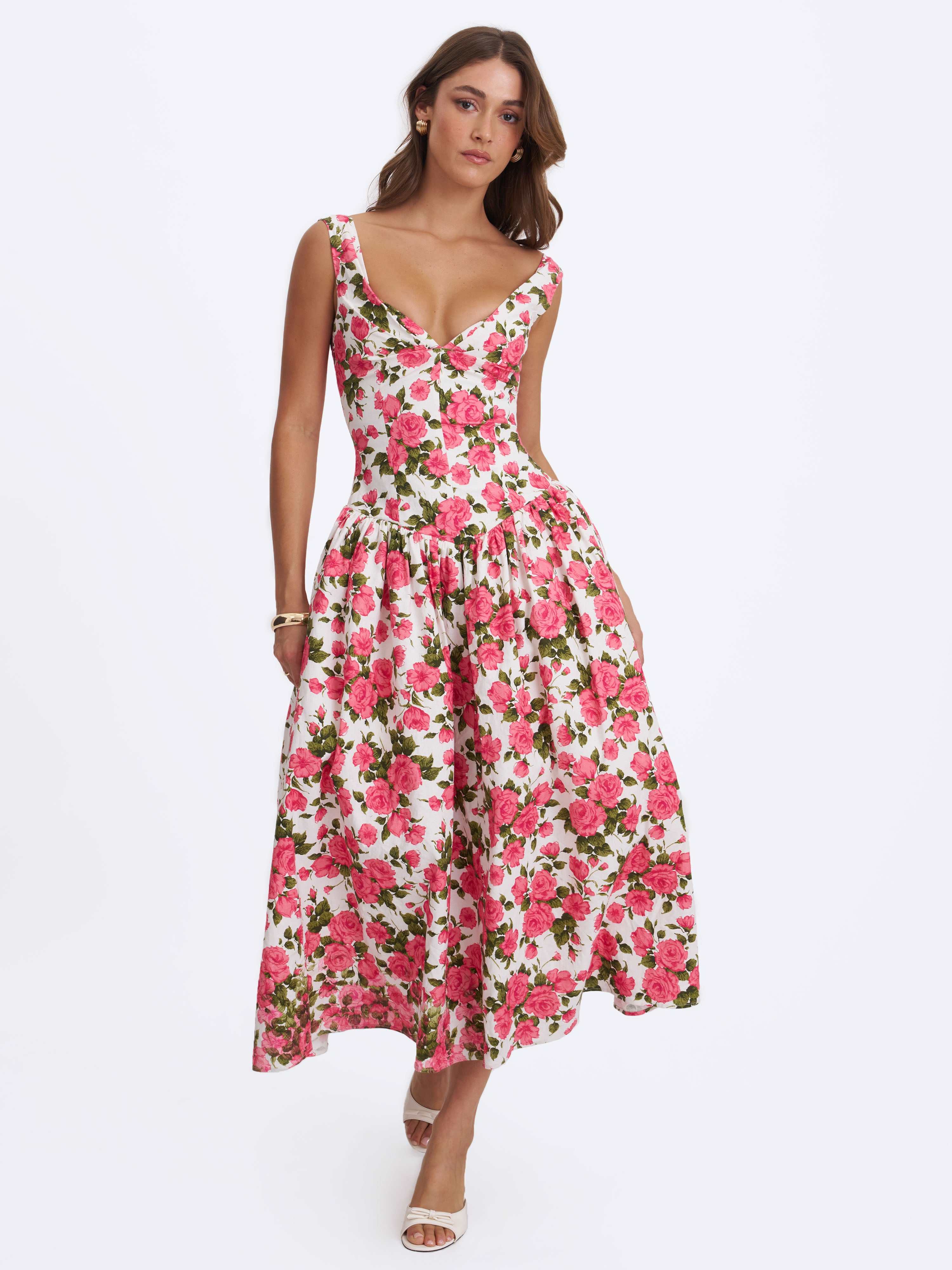 Wilfreda Blooming Pink Floral Linen Sweetheart Midi Dress | Miss