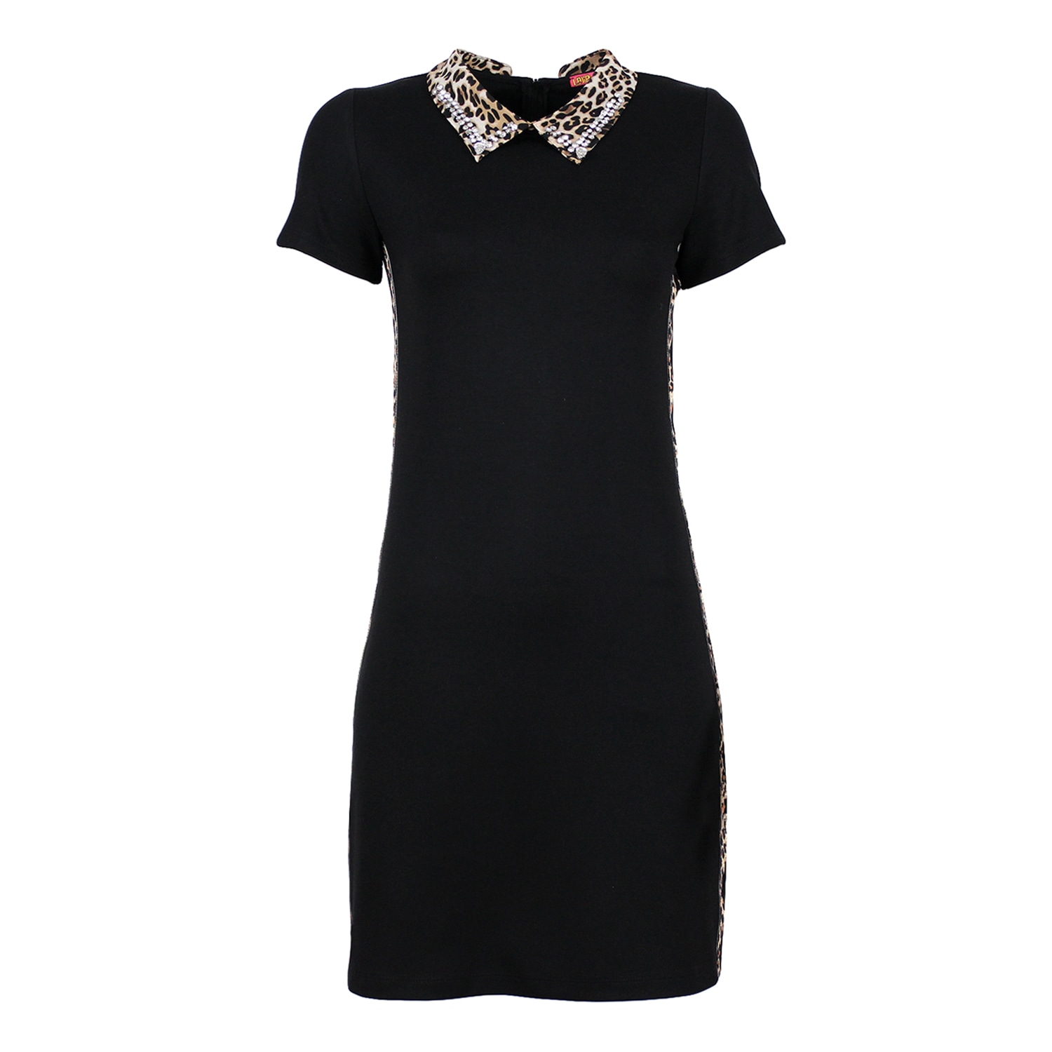 Lalipop Design Women's Mini Black Knitted Dress With Faux Crystal Embellished Leopard Print Collar In Black