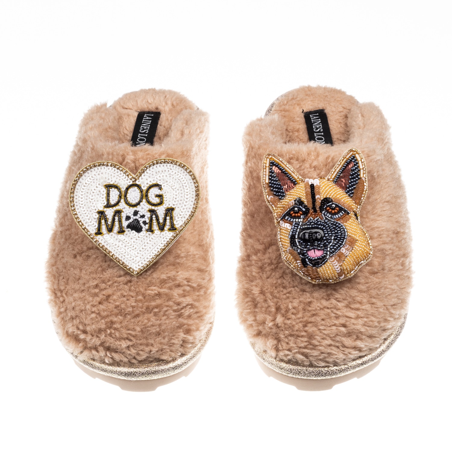 Laines London Women's Neutrals / Brown Teddy Closed Toe Slippers With Roxy The German Shepherd & Dog Mum/mom Brooc