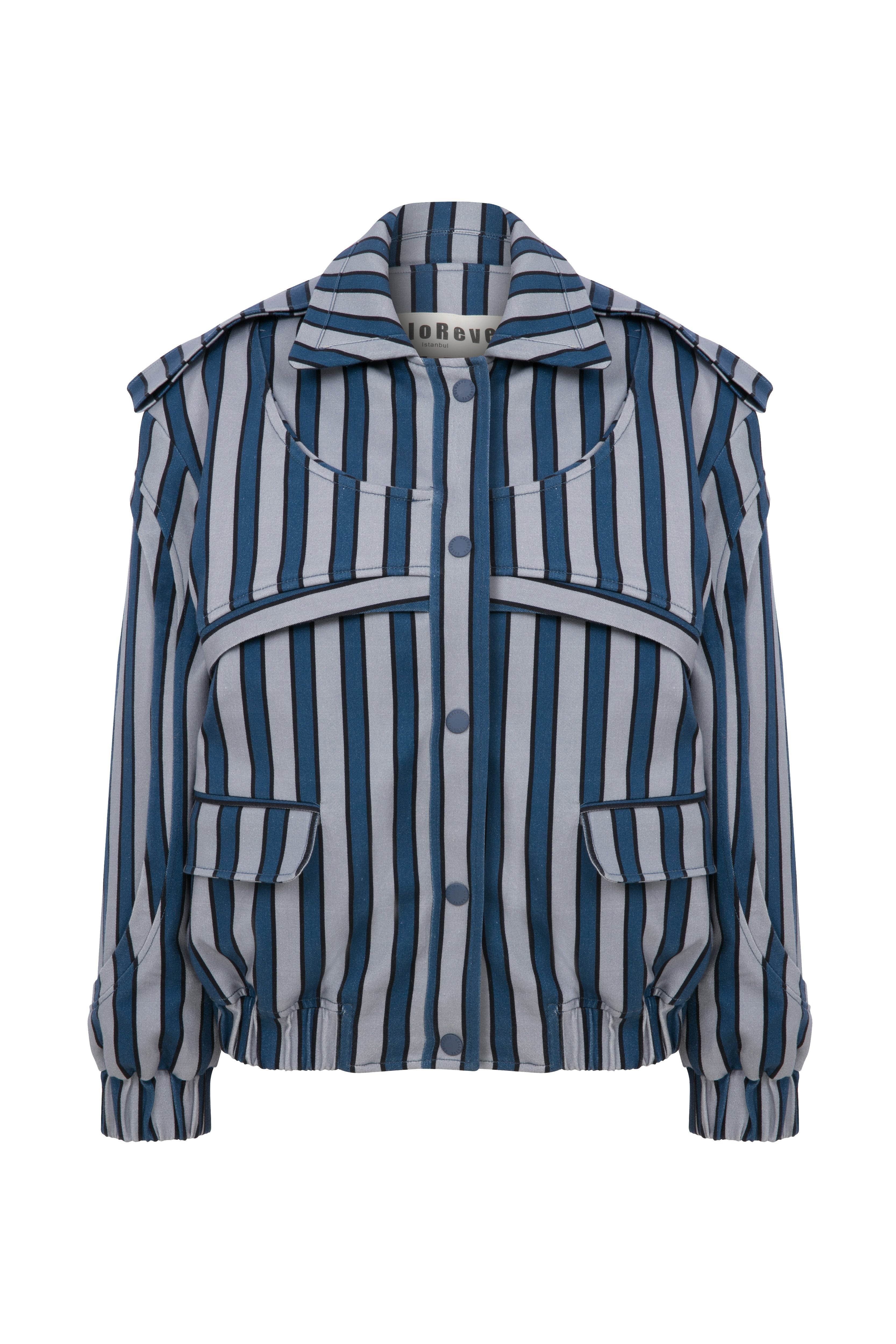 Coloreve Women's Blue Striped Cave Biker Jacket
