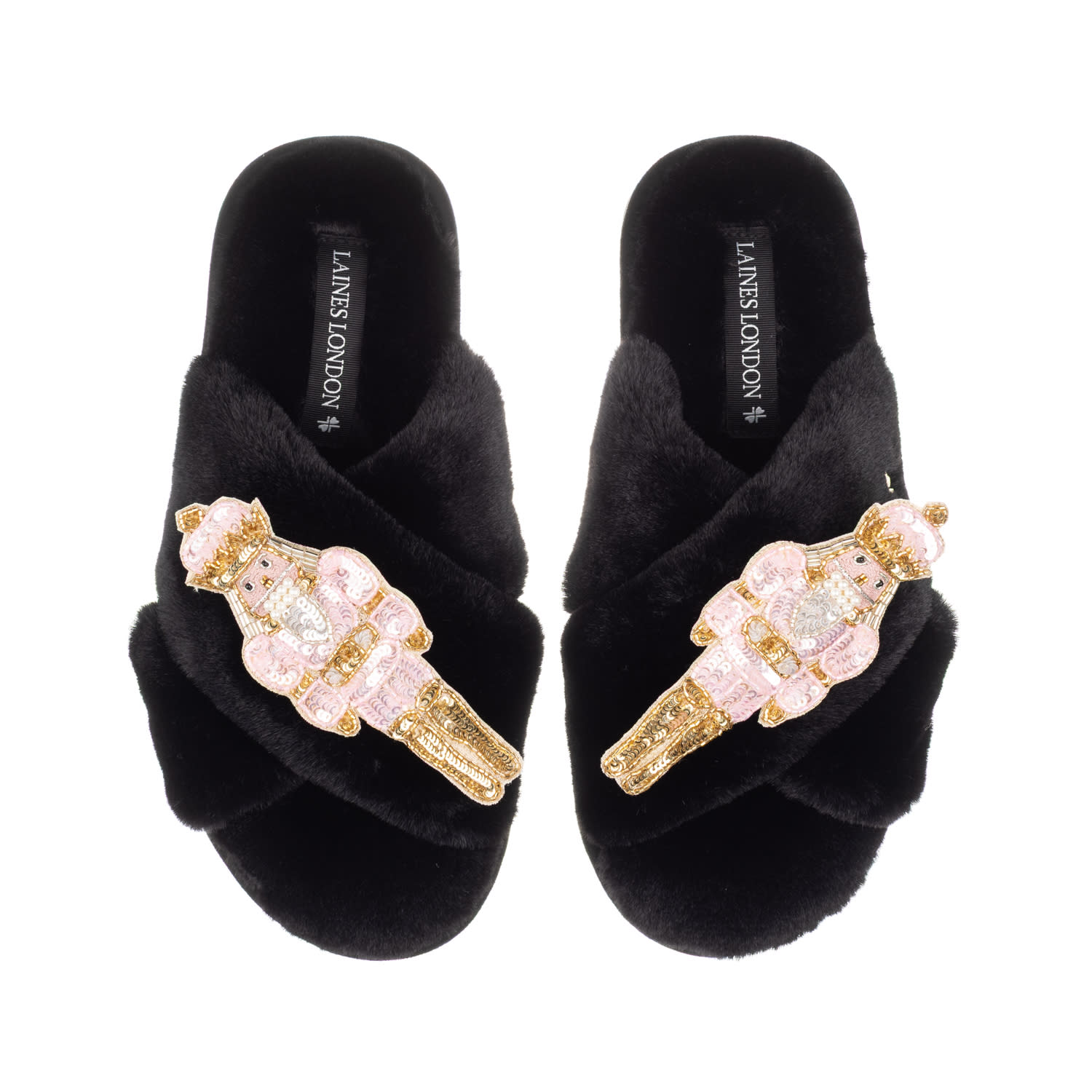 Laines London Women's Classic Laines Christmas Collection Slippers With Double Pink Grand Nutcrackers Brooches - B In Black