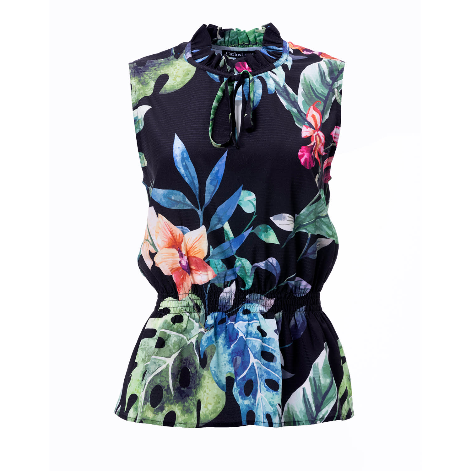 Carloslines Women's Black Front Neck Tie Smocked Waist Sleeveless Top In Multi-colored Palms Print
