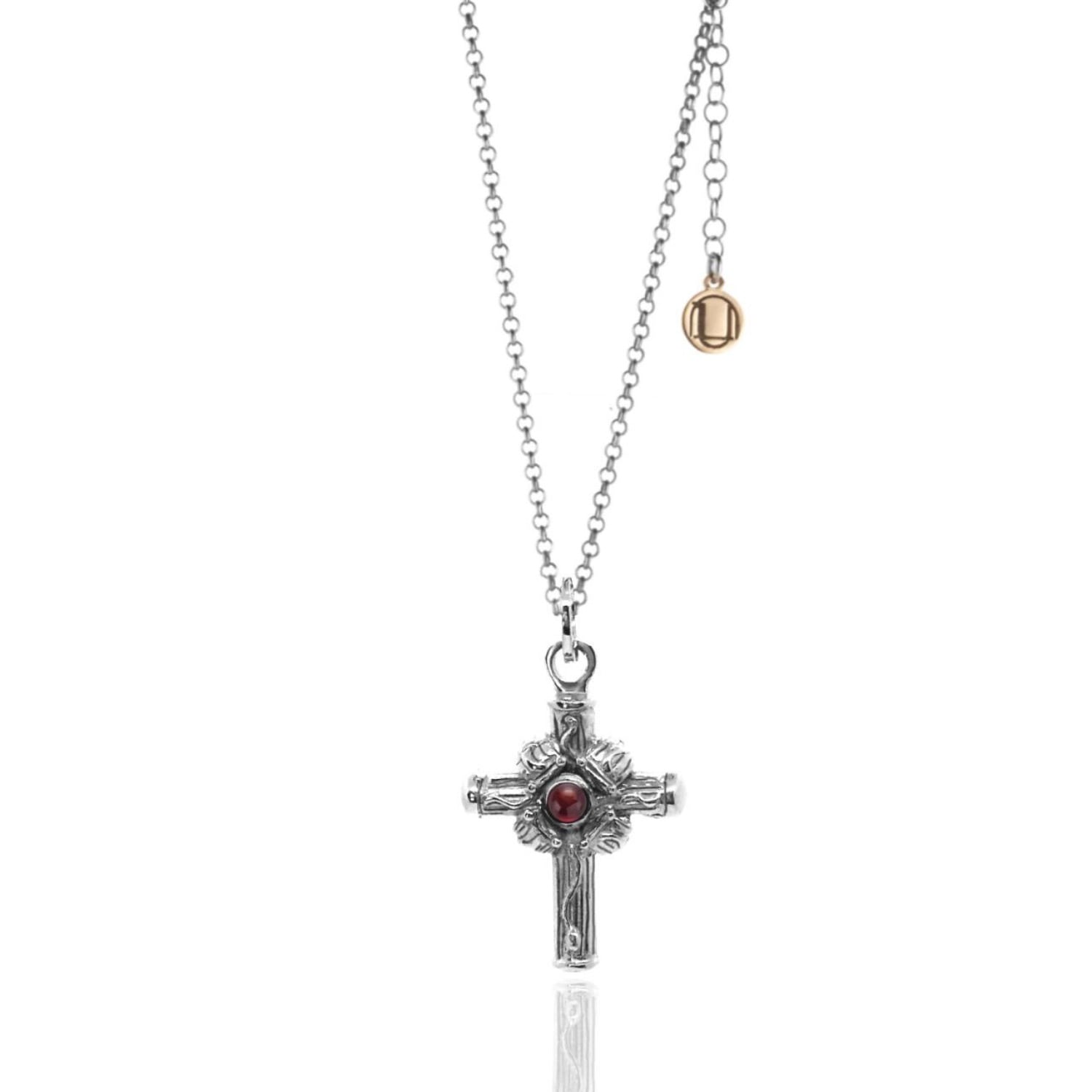 Unaloe Women's Silver / Red Sterling Silver Cross Necklace With Natural Garnet