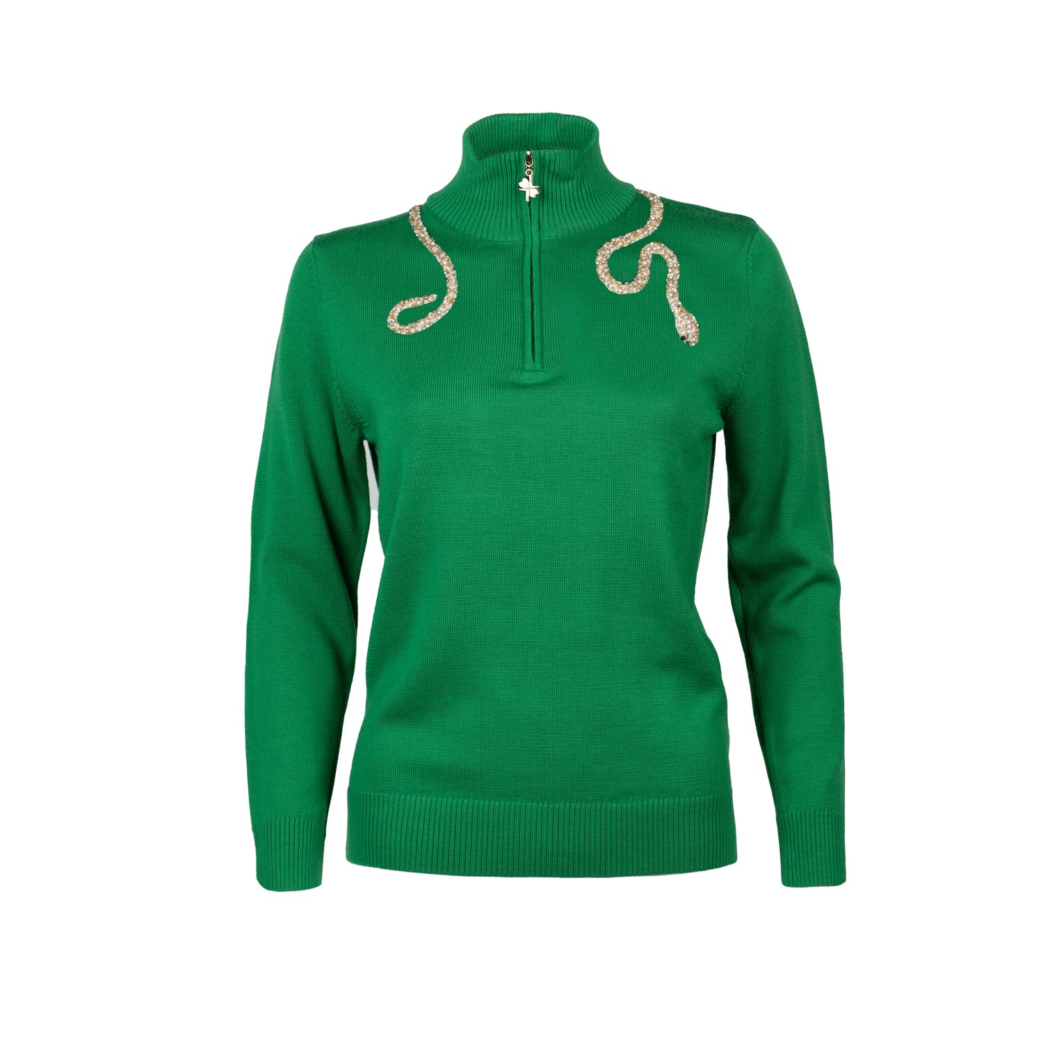 Laines London Women's Laines Couture Green Quarter Zip Jumper With Embellished Crystal & Pearl Snake