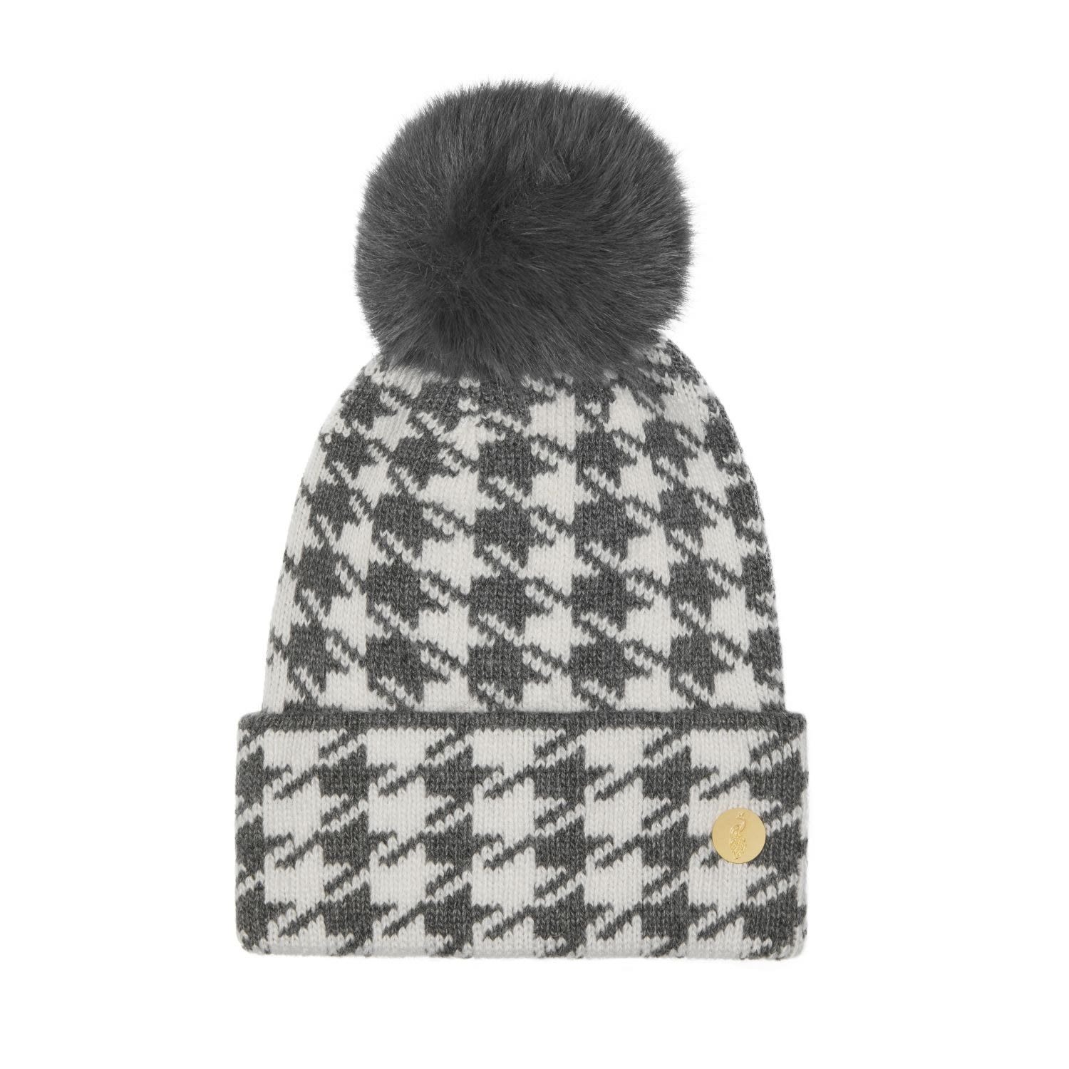 Hortons England Women's Houndstooth Cashmere Pom Pom Hat Grey In Grey