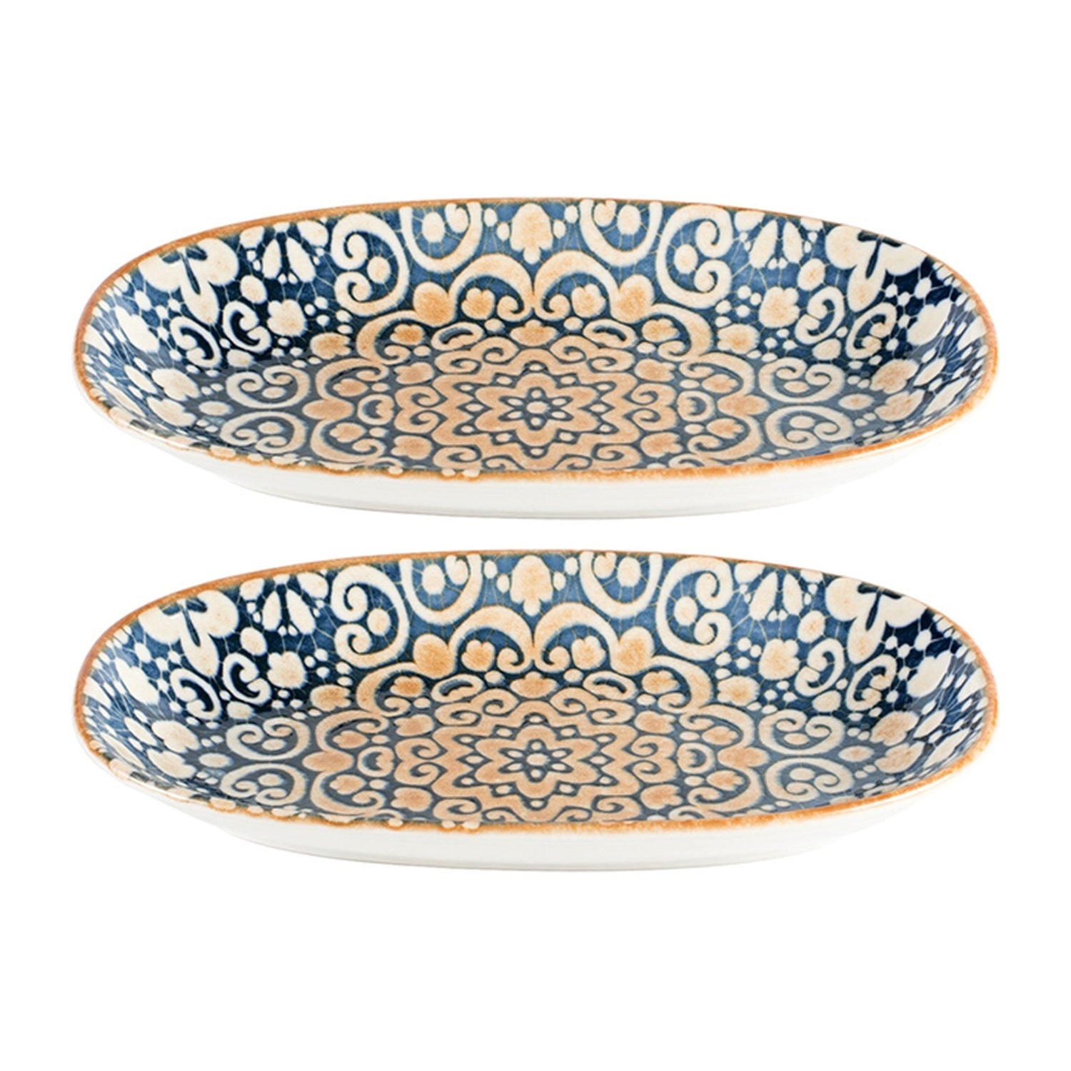 Turgla Home Blue / Brown Alhambra Oval Decorated Porcelain Platter Set Of Two