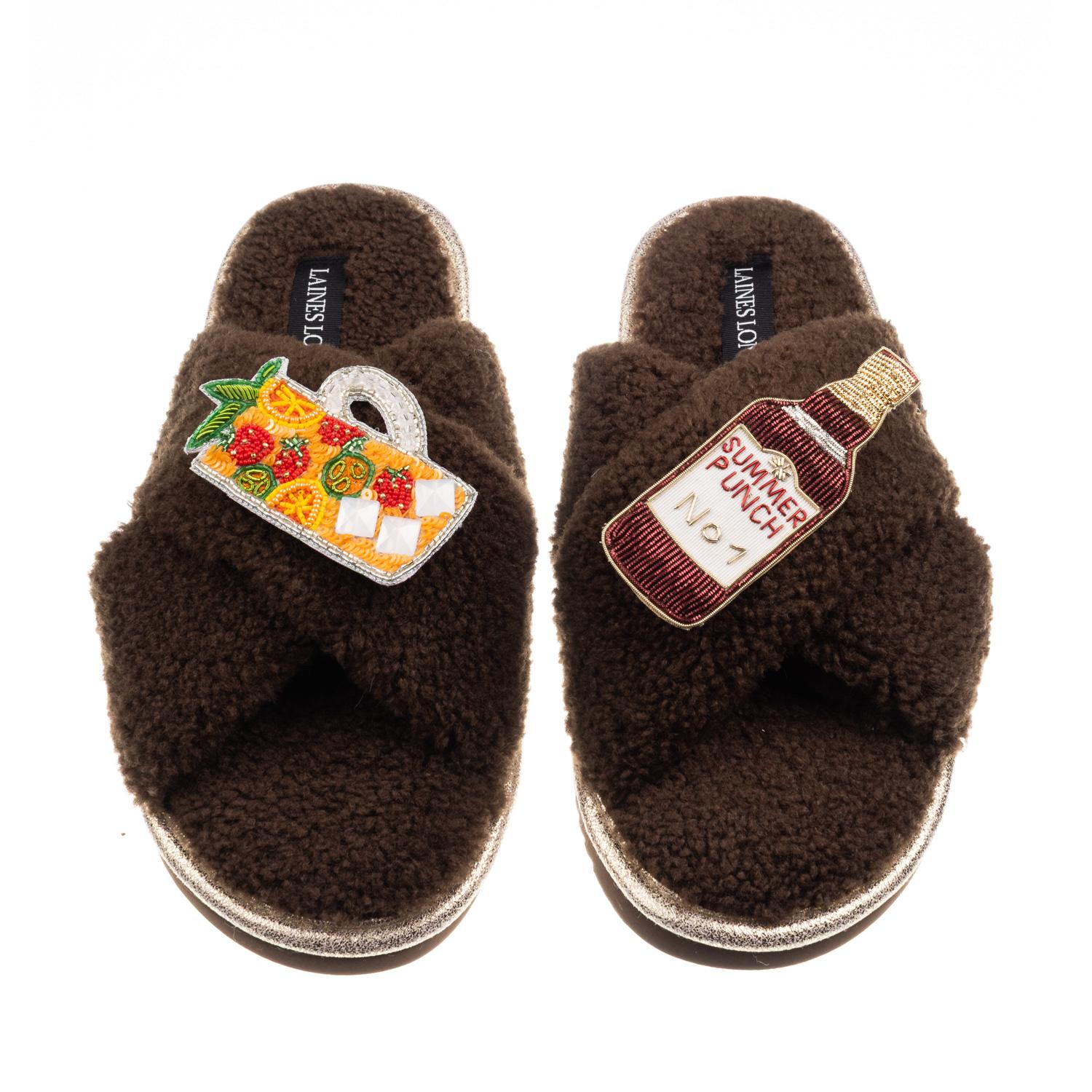 Laines London Women's Brown / Neutrals Laines Neutral Boucle Slippers With Summer Punch Brooches - Chocolate In Brown