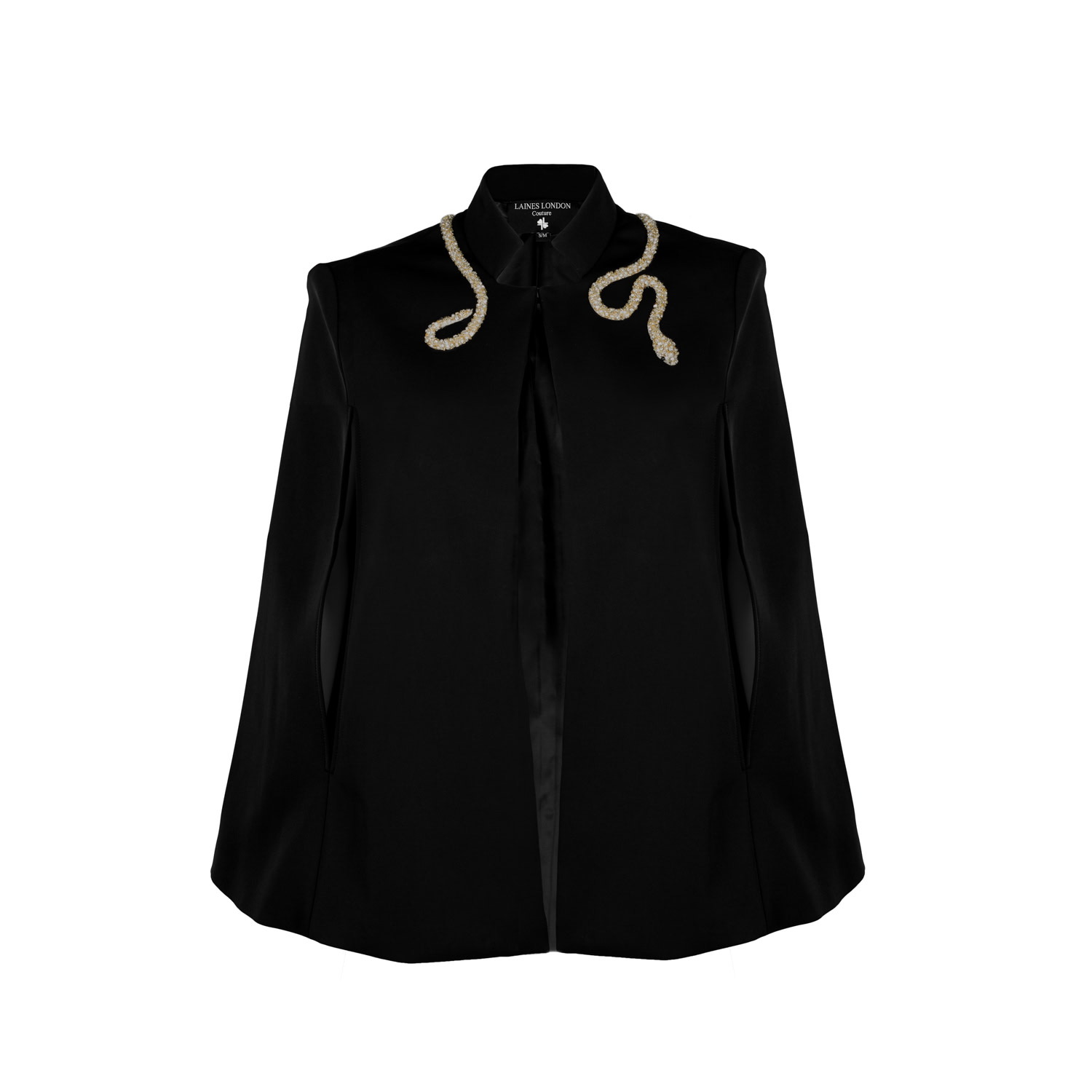 Laines London Women's Black Laines Couture Tailored Cape With Embellished Crystal & Pearl Wrap Around Snake In Black