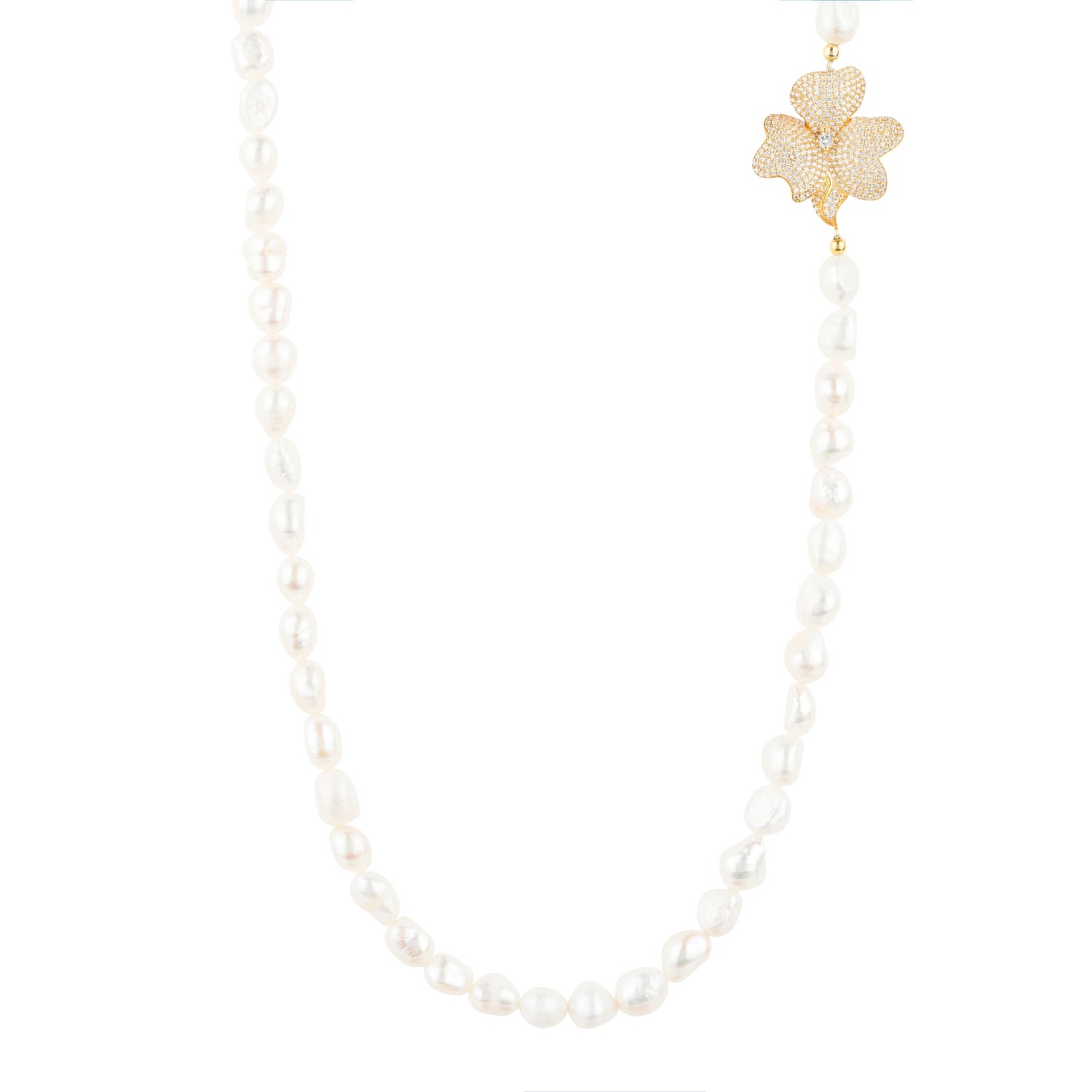 Women’s Gold / White Flower Pearl Gemstone Long Necklace White Cz Gold Latelita