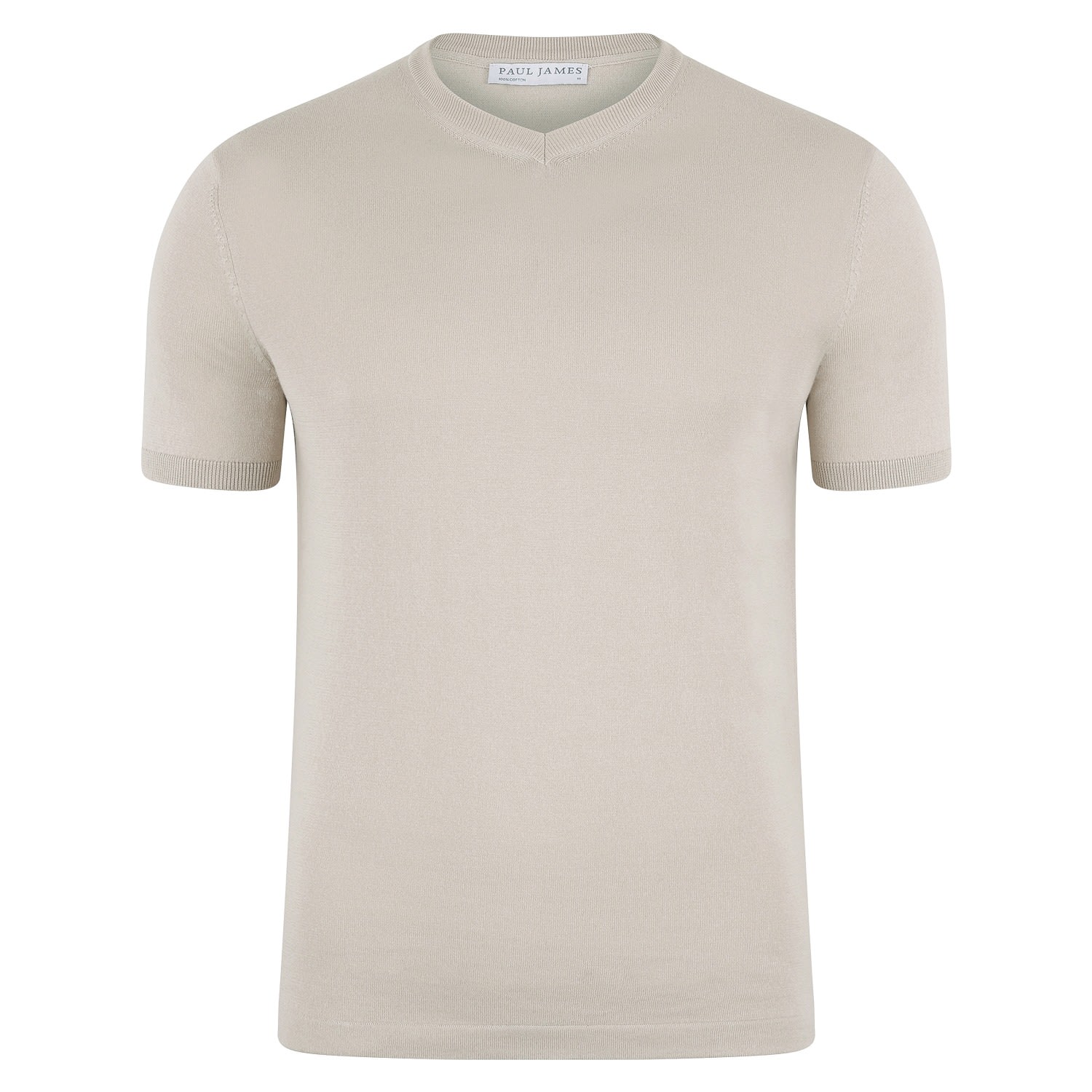 Paul James Knitwear Neutrals Mens Ultra Fine Cotton Hudson High V Neck Knitted T-shirt - Birch
