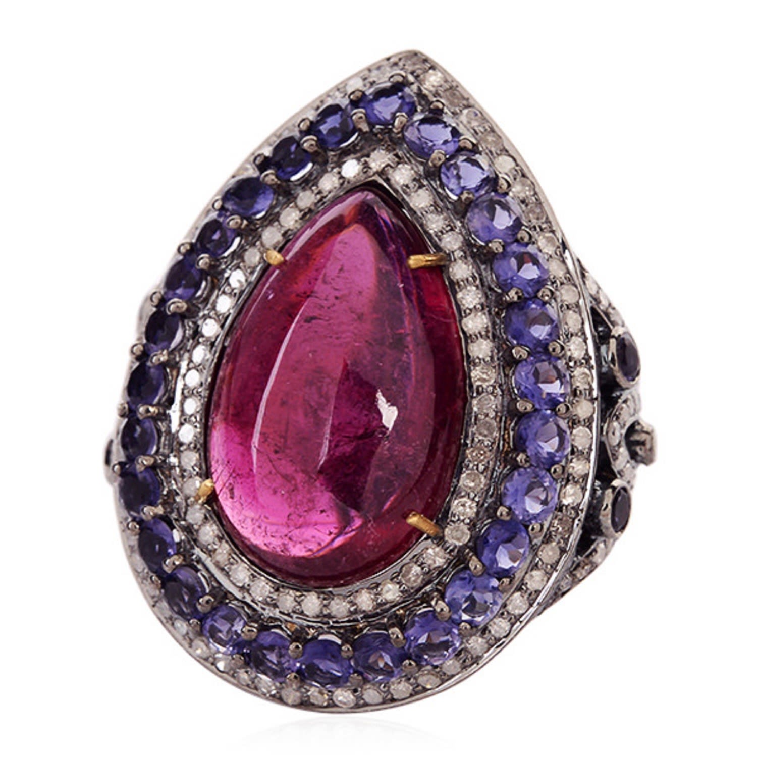 Women’s Blue / Gold / Silver Rubyllite Iolite Diamond 18K Gold 925 Sterling Silver Cocktail Ring Jewelry Artisan