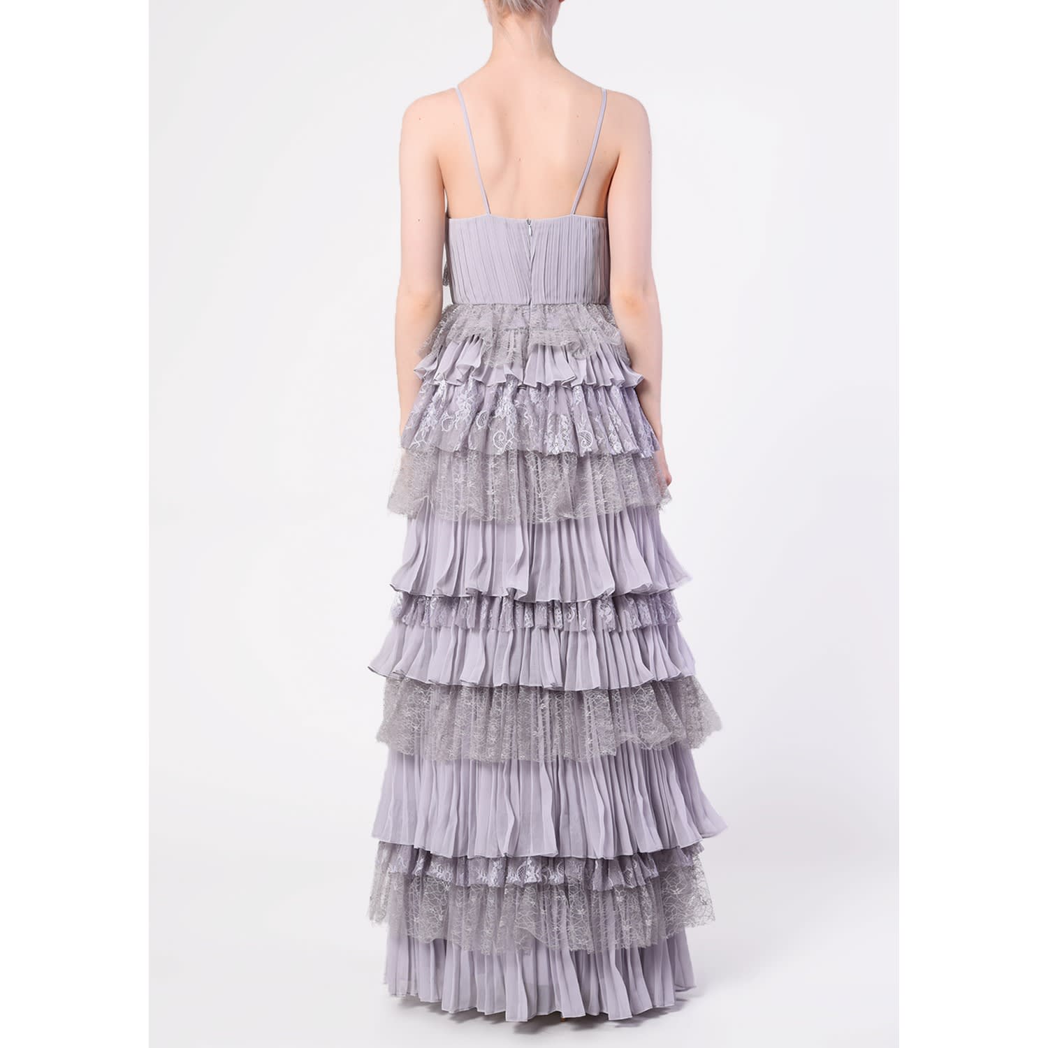 plunge layered ruffles detail ruched maxi dress