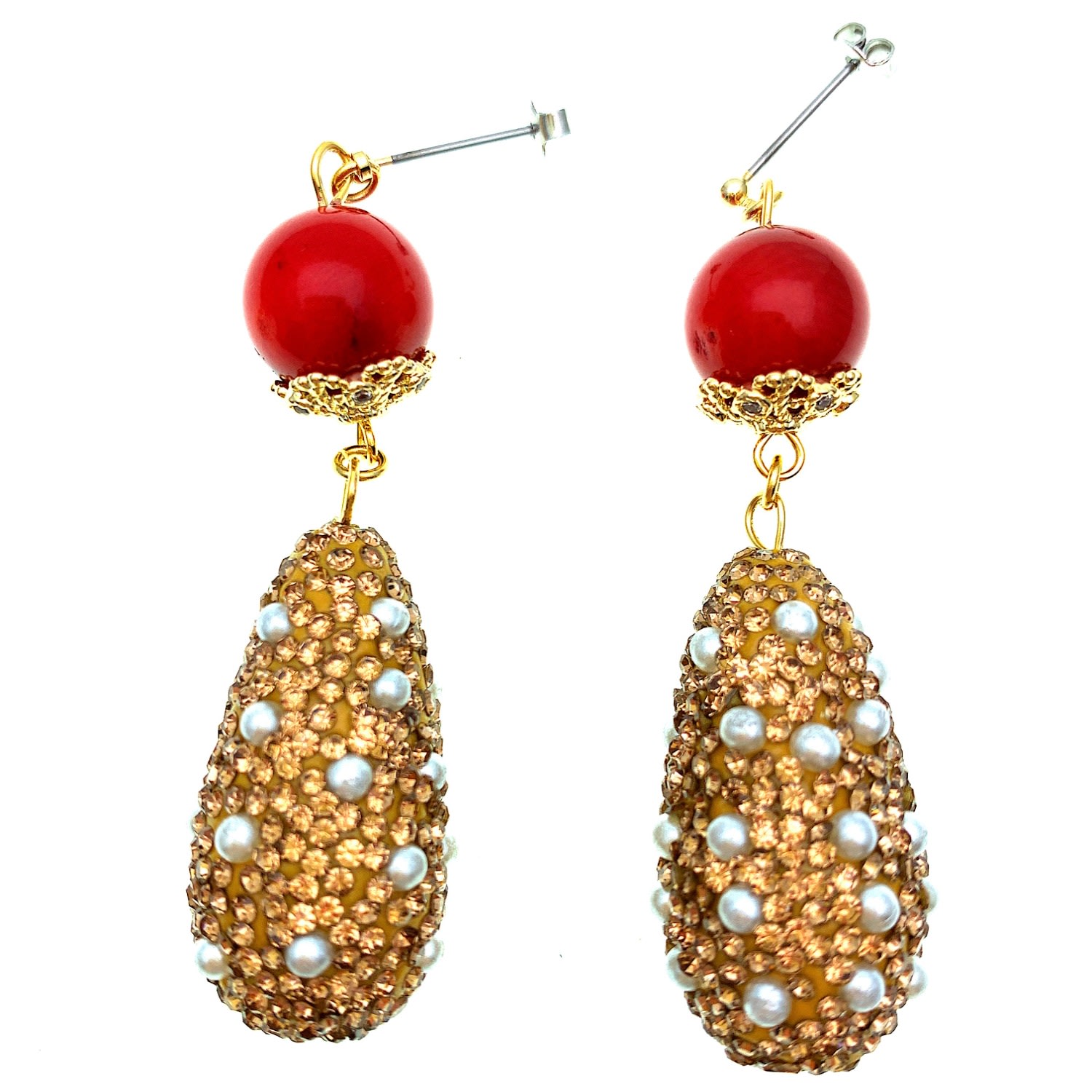 Women’s Gold / Red Red Coral With Teardrop Rhinestones Statement Earrings Farra