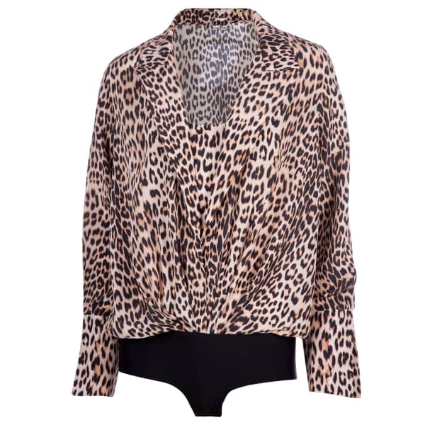 Ukulele Leopard Soft Silk Blazer Blouse Bodysuit