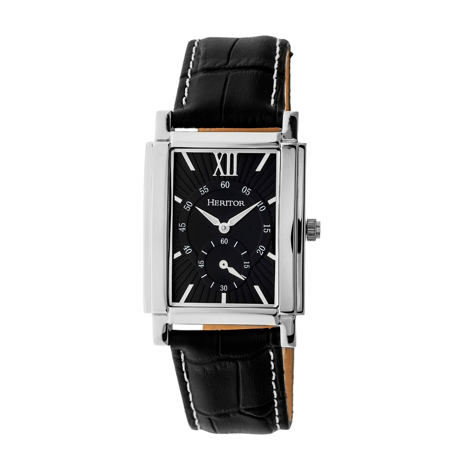 Heritor Automatic Men's Silver / Black Frederick Leather-band Watch With Seconds Sub-dial - Black, Silver In Silver/black