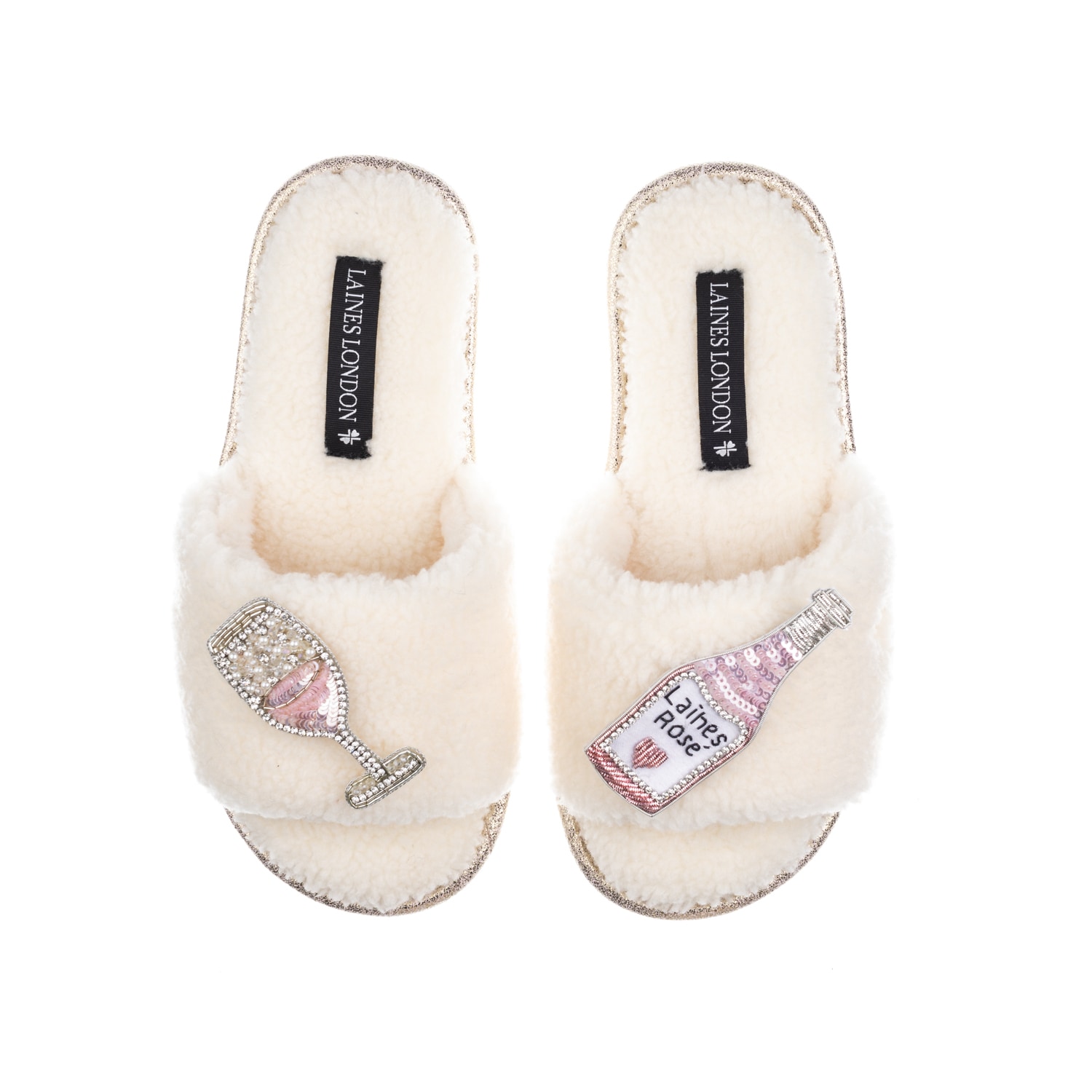 Laines London Women's White Teddy Toweling Slipper Sliders With Laines Rose Wine Brooches - Cream In White