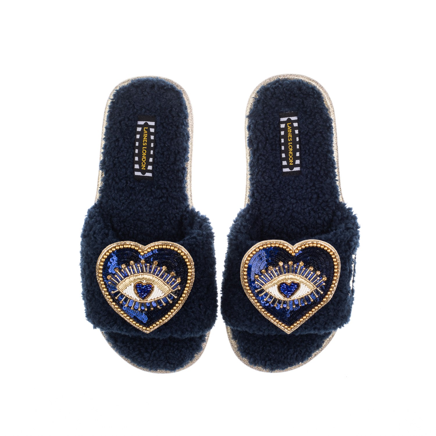 Laines London Women's Teddy Toweling Slipper Sliders With Double Blue Heart Eye Brooches - Navy In Blue