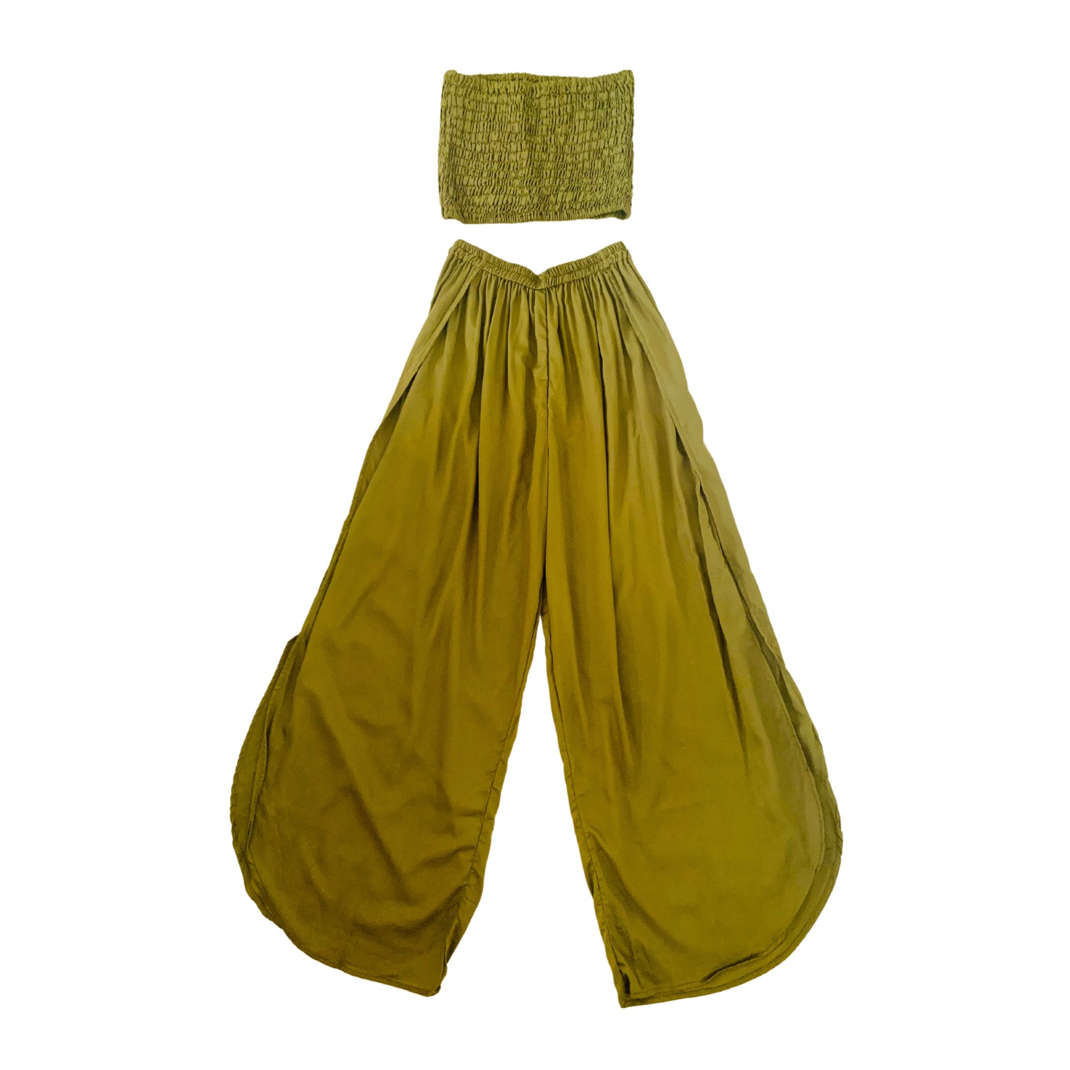Judith Side Split Pants With Matching Tube Top Set In Olive | Pink