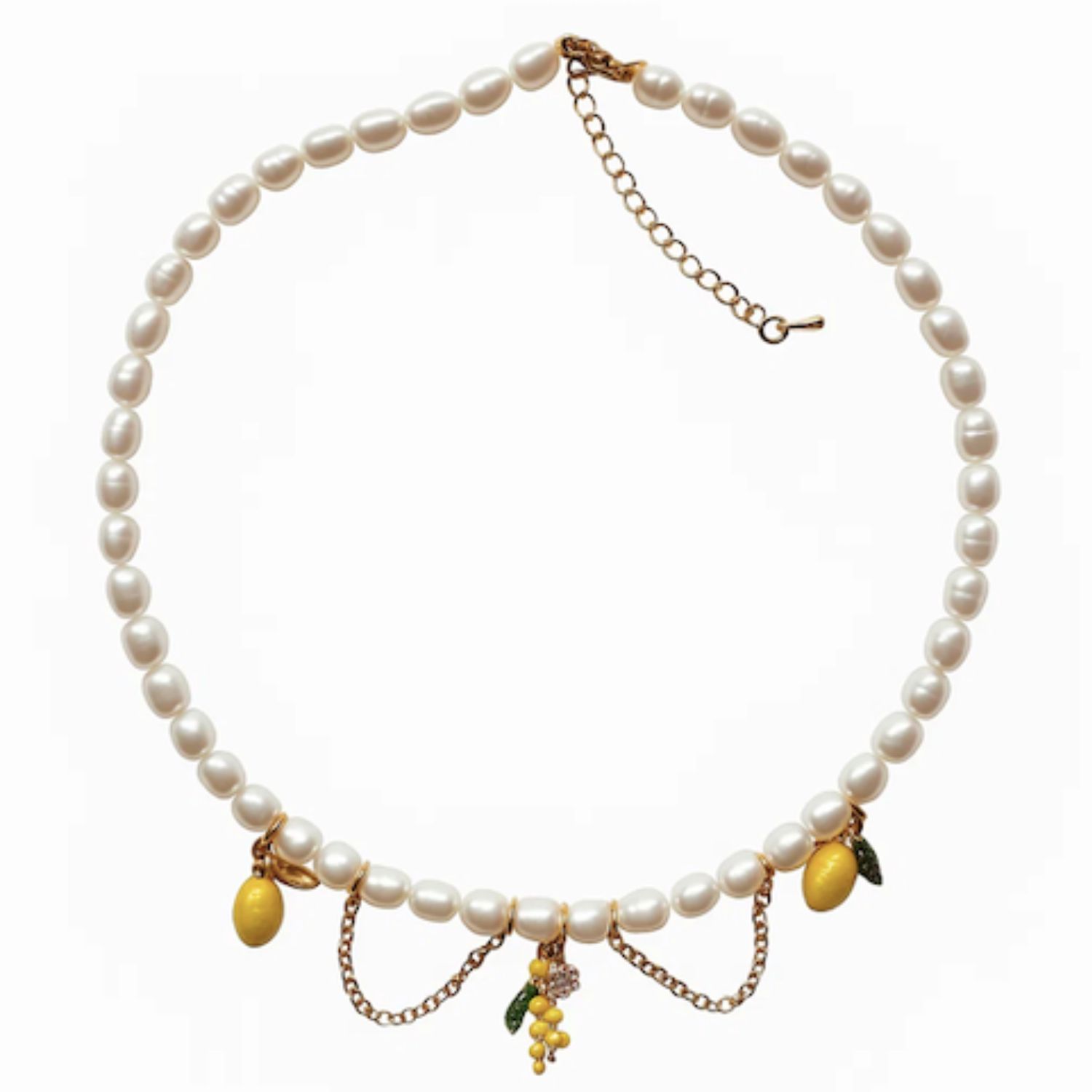 My Little Nature Women's White Natural Freshwater Pearls Necklce With Lemon Charms - Long Pearls Necklace In White