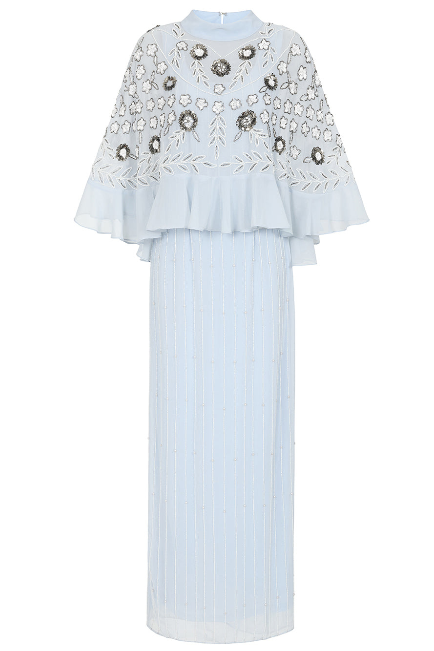 Frock And Frill Women's Celeste Blue Embellished Maxi Dress With Detachable Cape