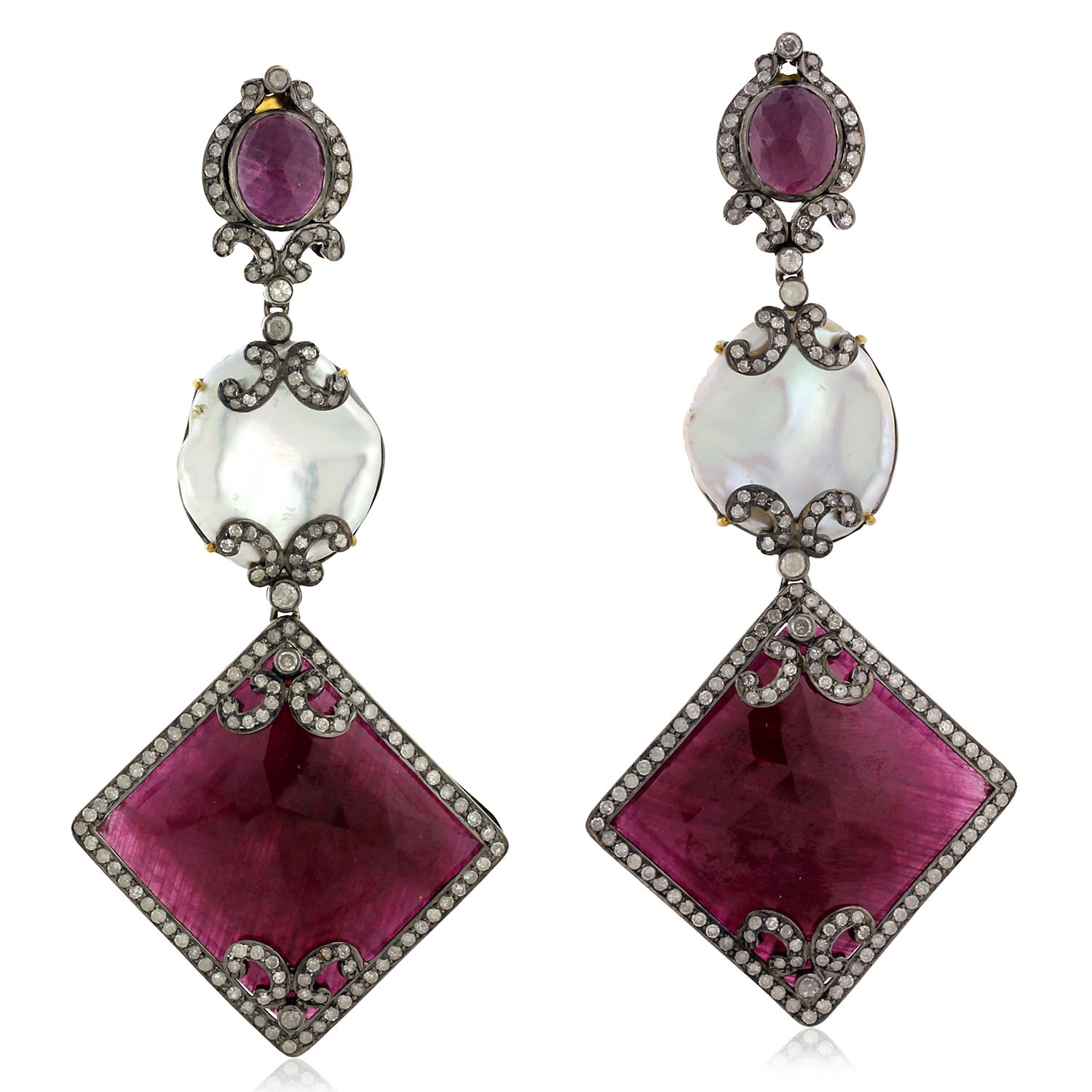 Women’s Gold / Pink / Purple Natural Ruby Pearl Diamond Dangle Earrings 925 Sterling Silver Jewelry Artisan