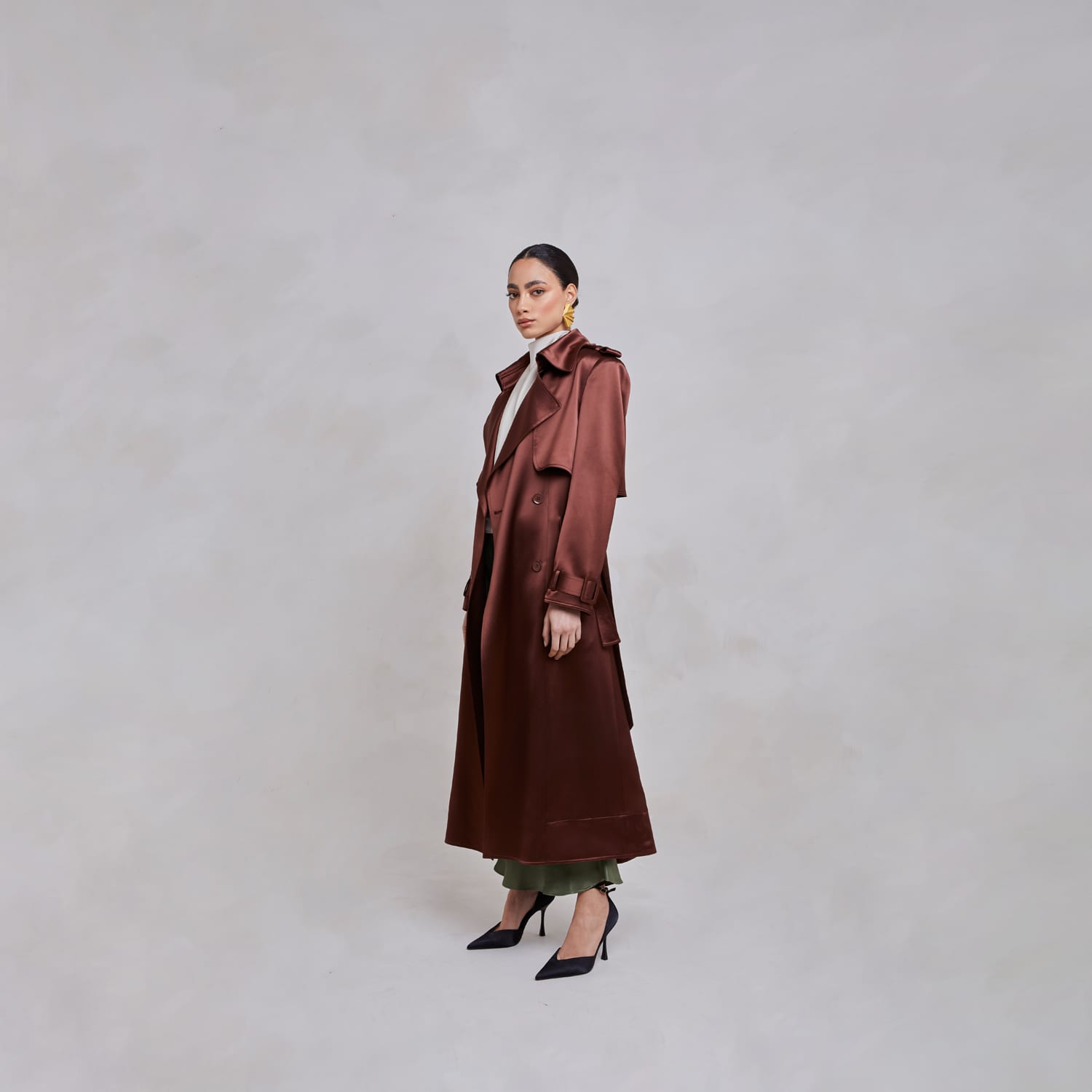 Maryam Brown Belted Satin Trench Coat by SAMEERA