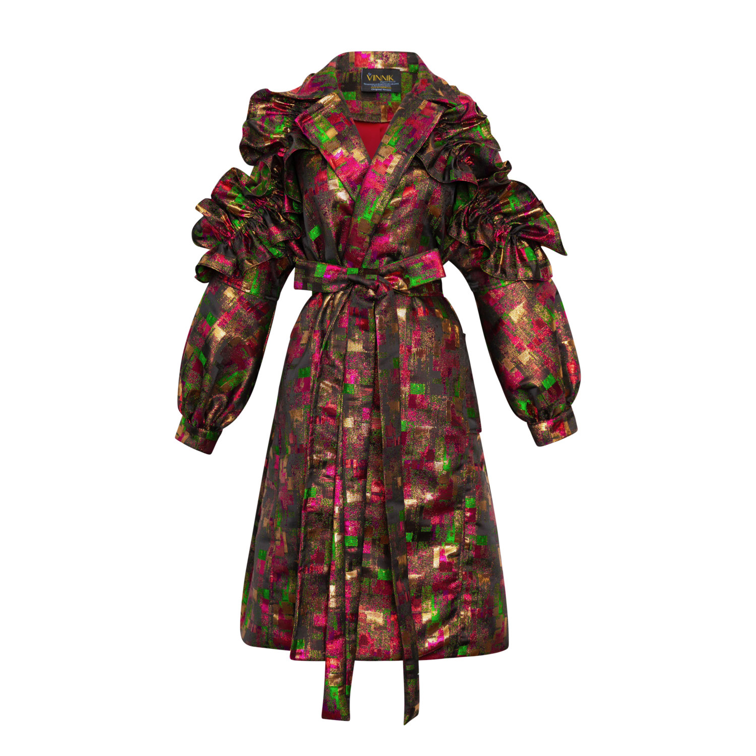 Byvinnik Women's Green / Gold Ruffle Trench Coat In Das Plaid In Green/gold