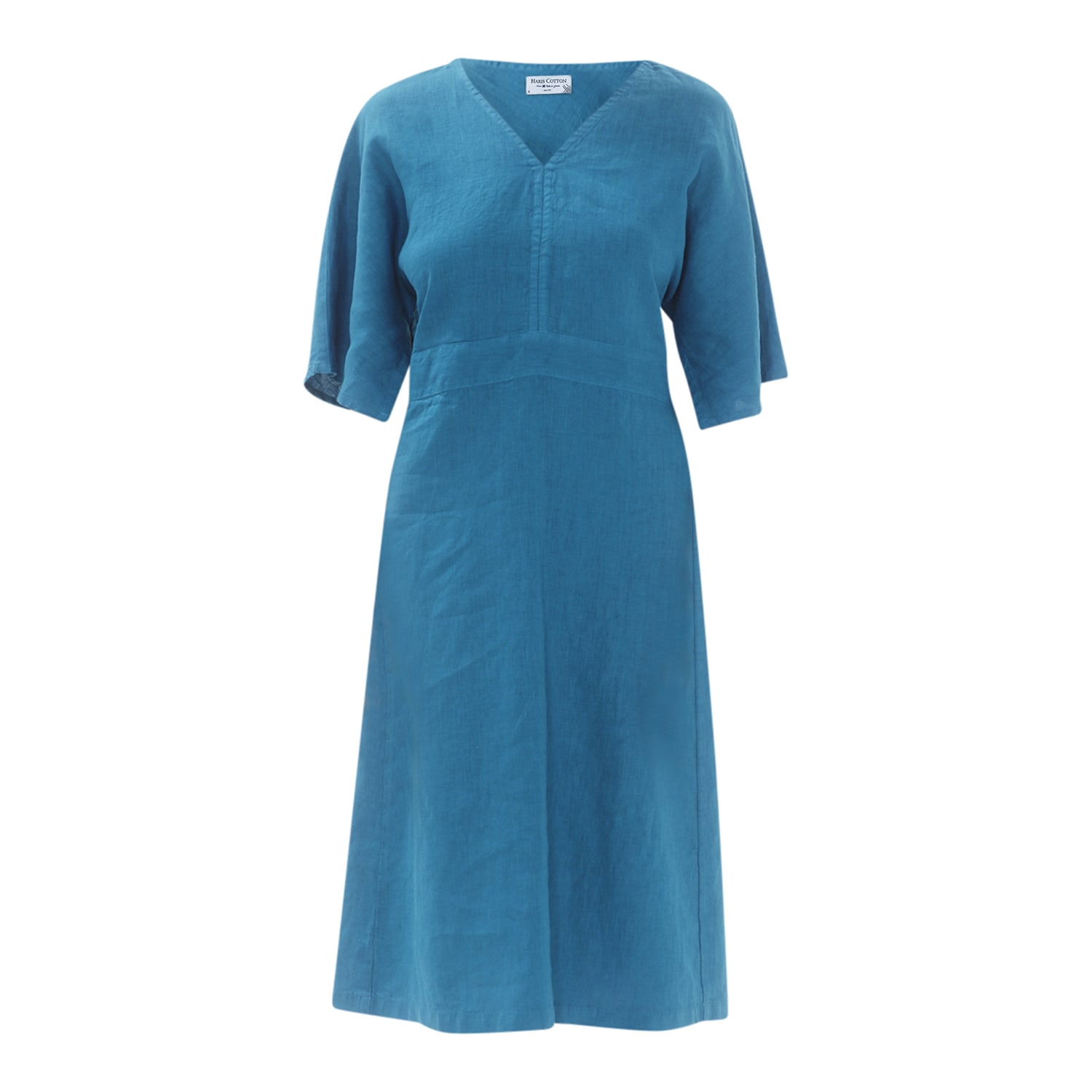 Haris Cotton Women's Notched Neckline Linen Dress With Batwing Sleeve - Aegean Blue