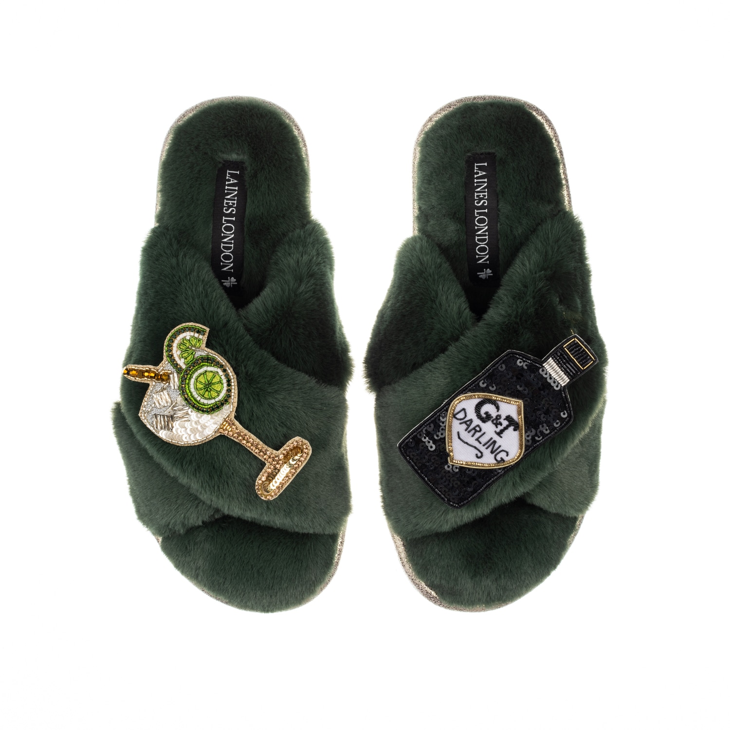 Laines London Women's Classic Laines Slippers With Botanical Gin & Glass Brooches - Limited Edition Green In Green