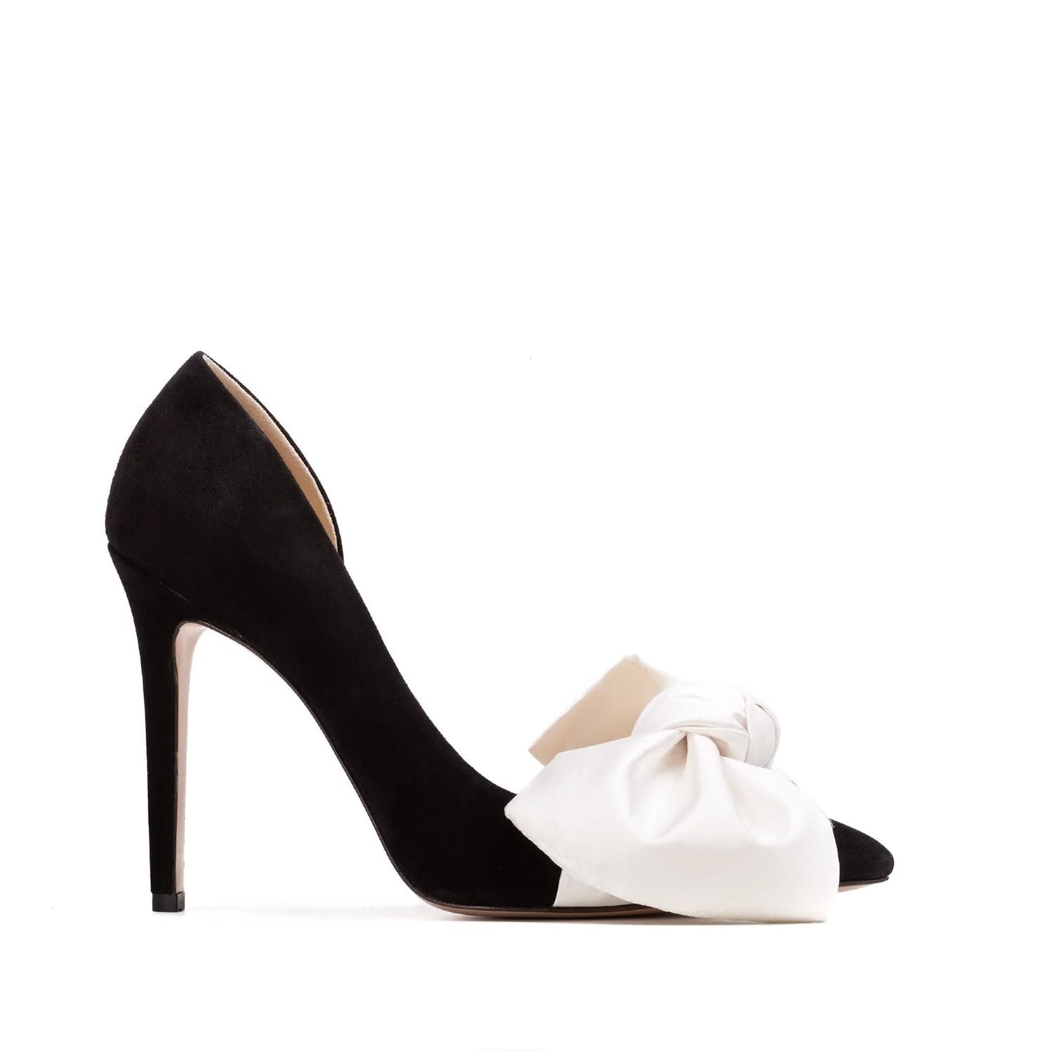 Samantha Black Suede And Oversized White Satin Bow Open Sided Stiletto Ginissima Wolf Badger