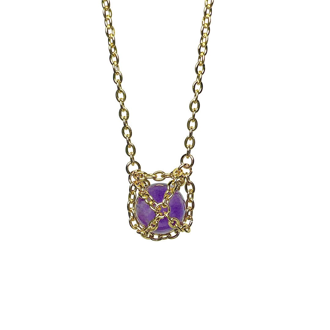 Mhart Women's Pink / Purple Caged Golden Brass Caged Amethyst Necklace