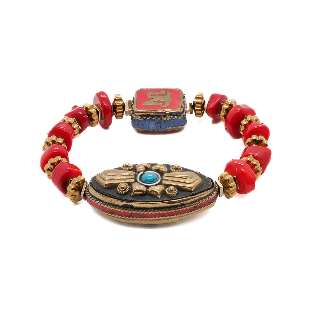 Ebru Jewelry Women's Gold / Blue / Red Vintage Style Red Coral & Om Symbol Beaded Bracelet - Red