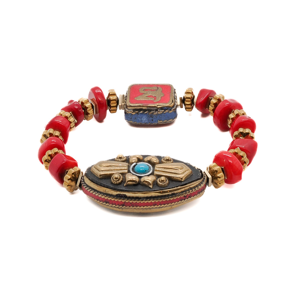 Women’s Gold / Blue / Red Vintage Style Red Coral & Om Symbol Beaded Bracelet - Red Ebru Jewelry