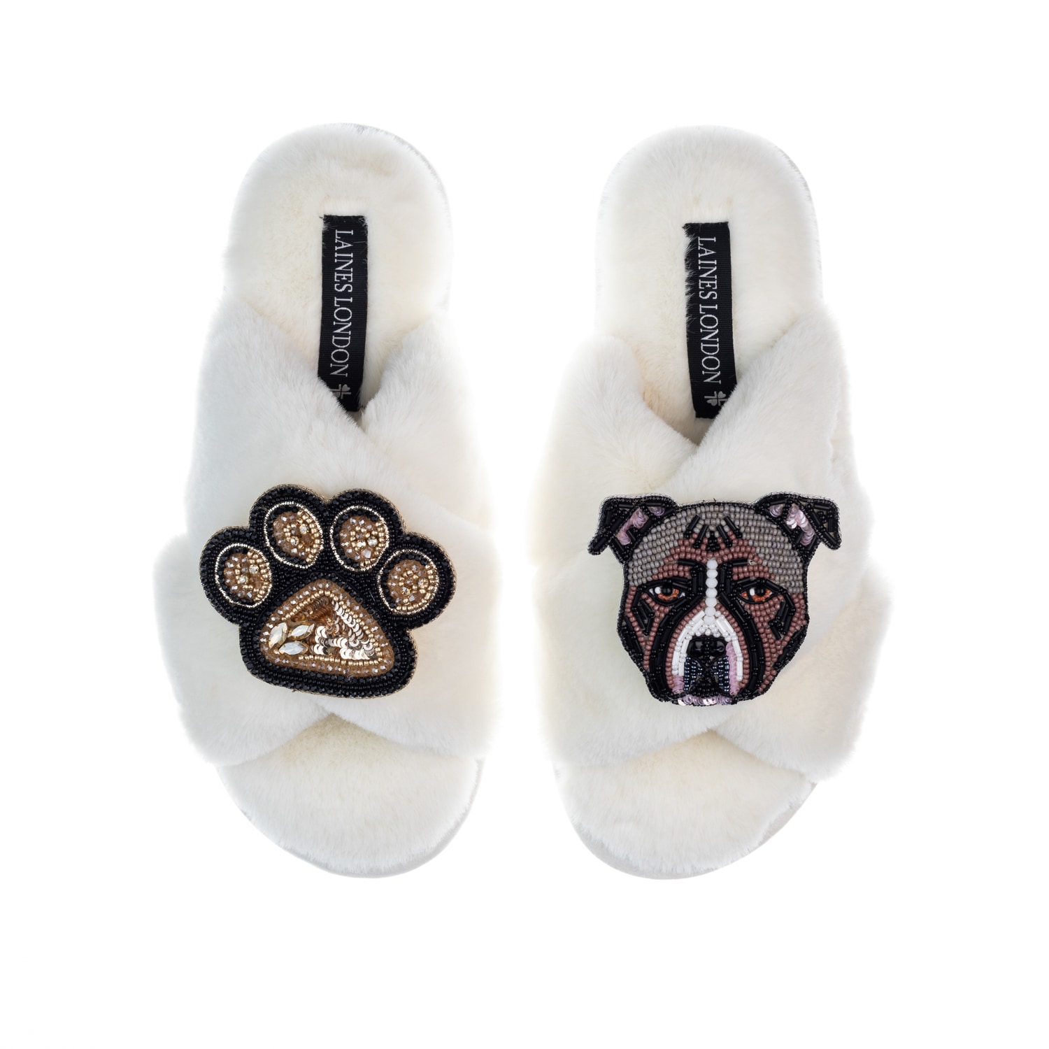 Laines London Women's White Classic Laines Slippers With Luna-rose Staffy & Paw Brooches - Cream