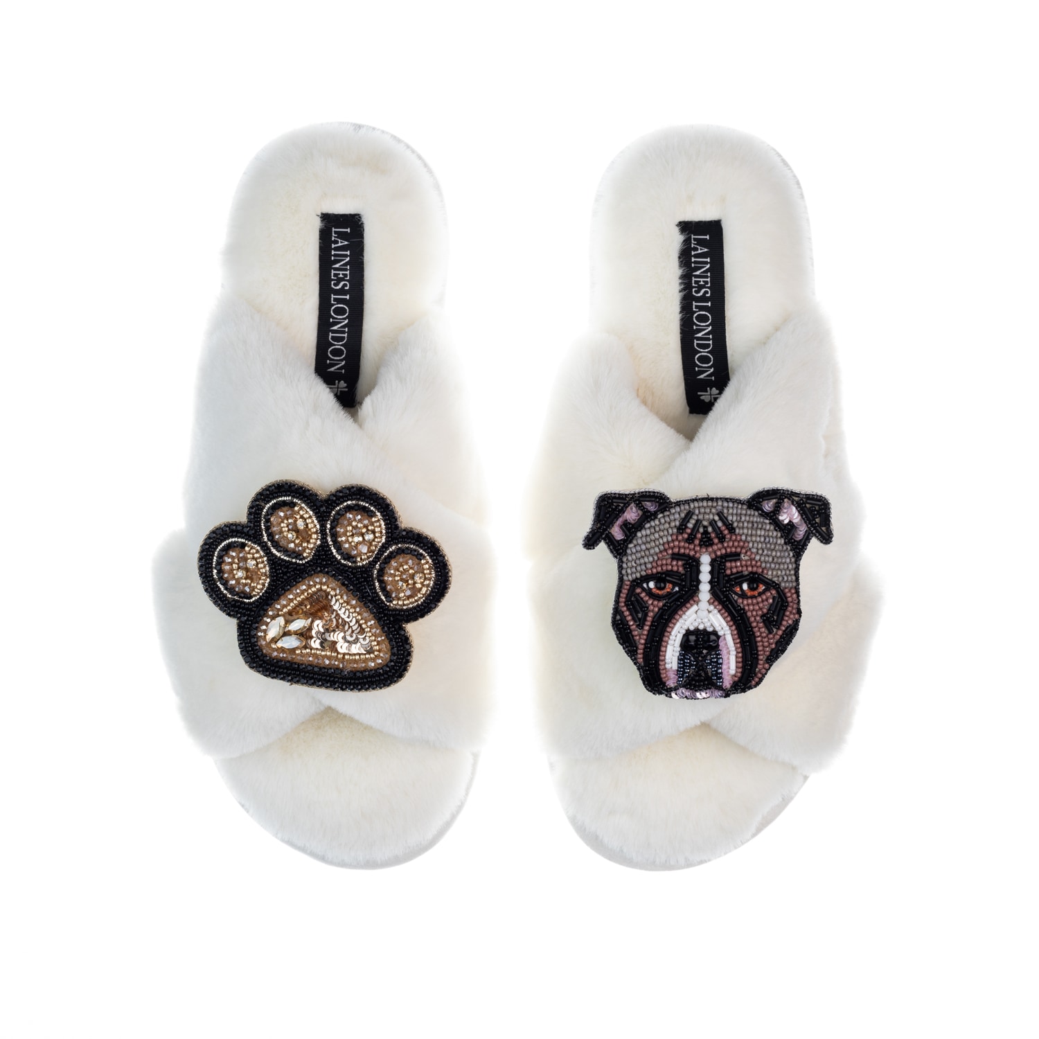 Laines London Women's White Classic Laines Slippers With Luna-rose Staffy & Paw Brooches - Cream In White
