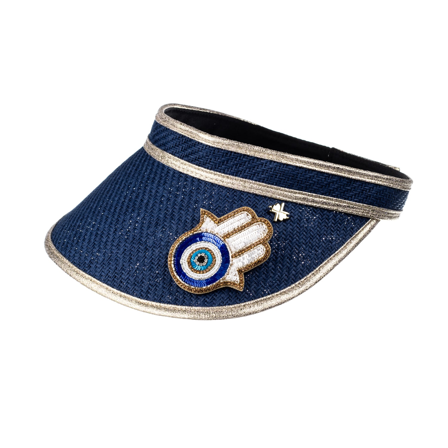 Women’s Blue Straw Woven Visor With Embellished Hamsa Hand Brooch - Navy One Size Laines London