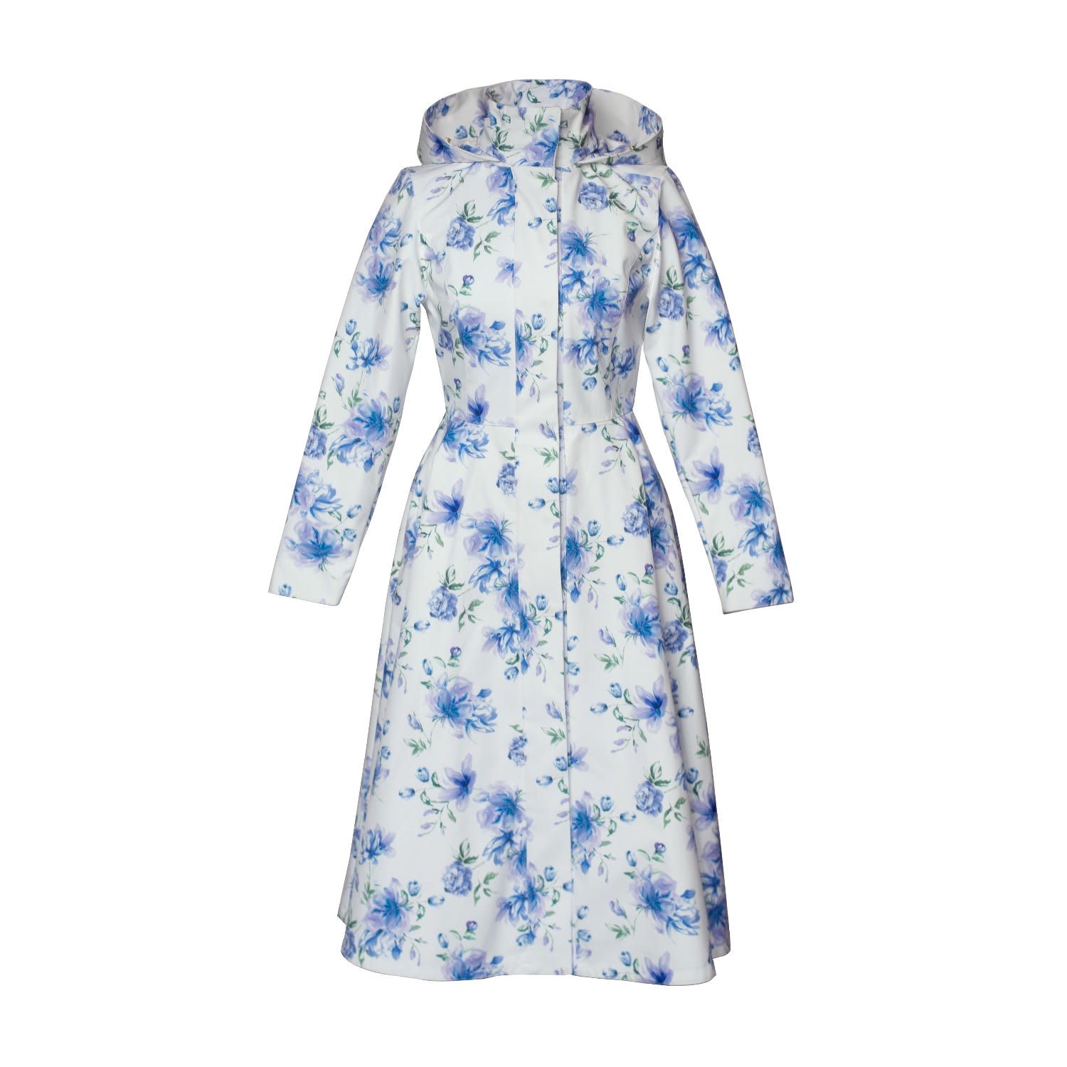 Rainsisters Women's White Midi Length Coat With Blue Flower Print: Floral White In White