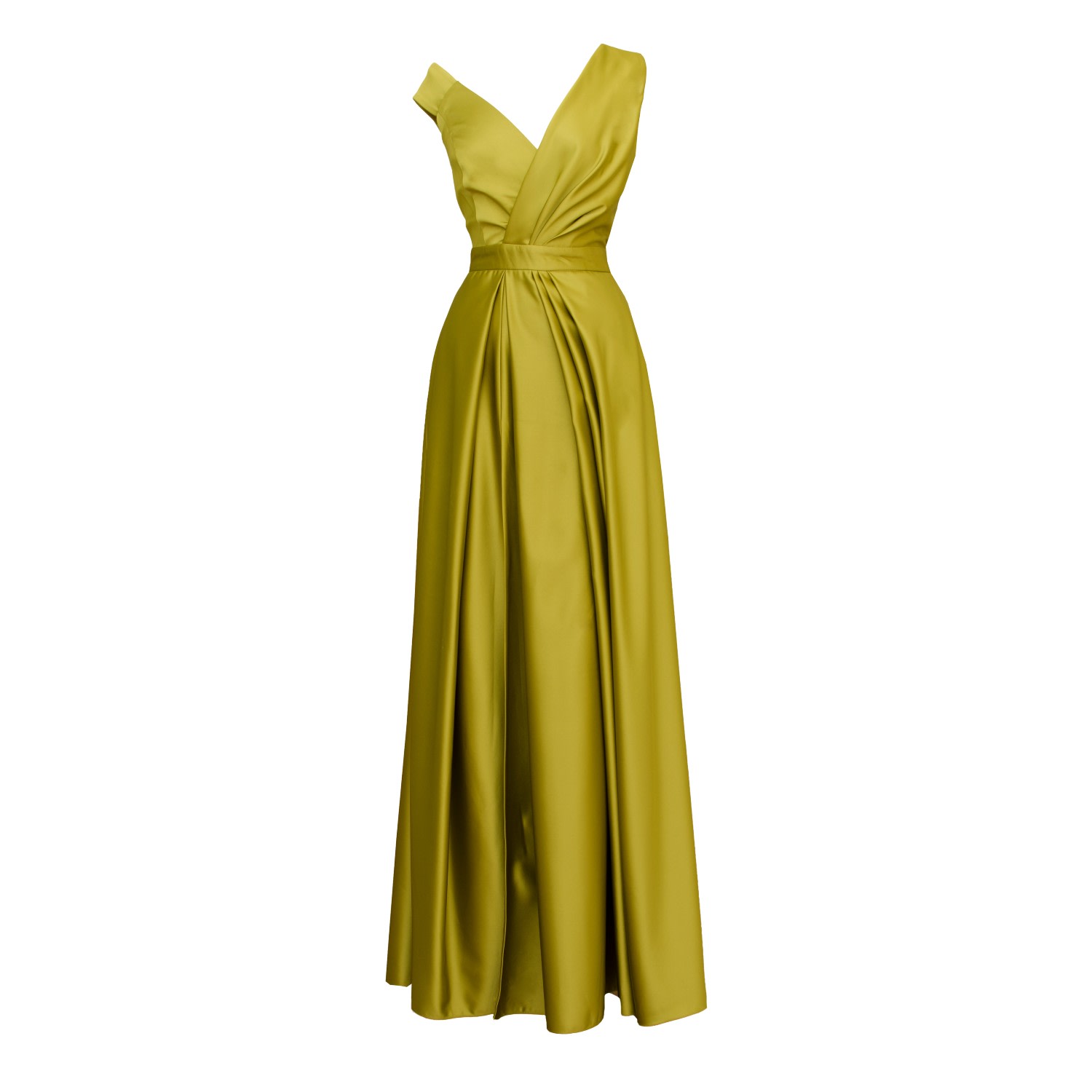 Alina Cernatescu Women's Green Delirium Golden Olive Taffeta Maxi Dress With Draping And Asymmetric Neckline