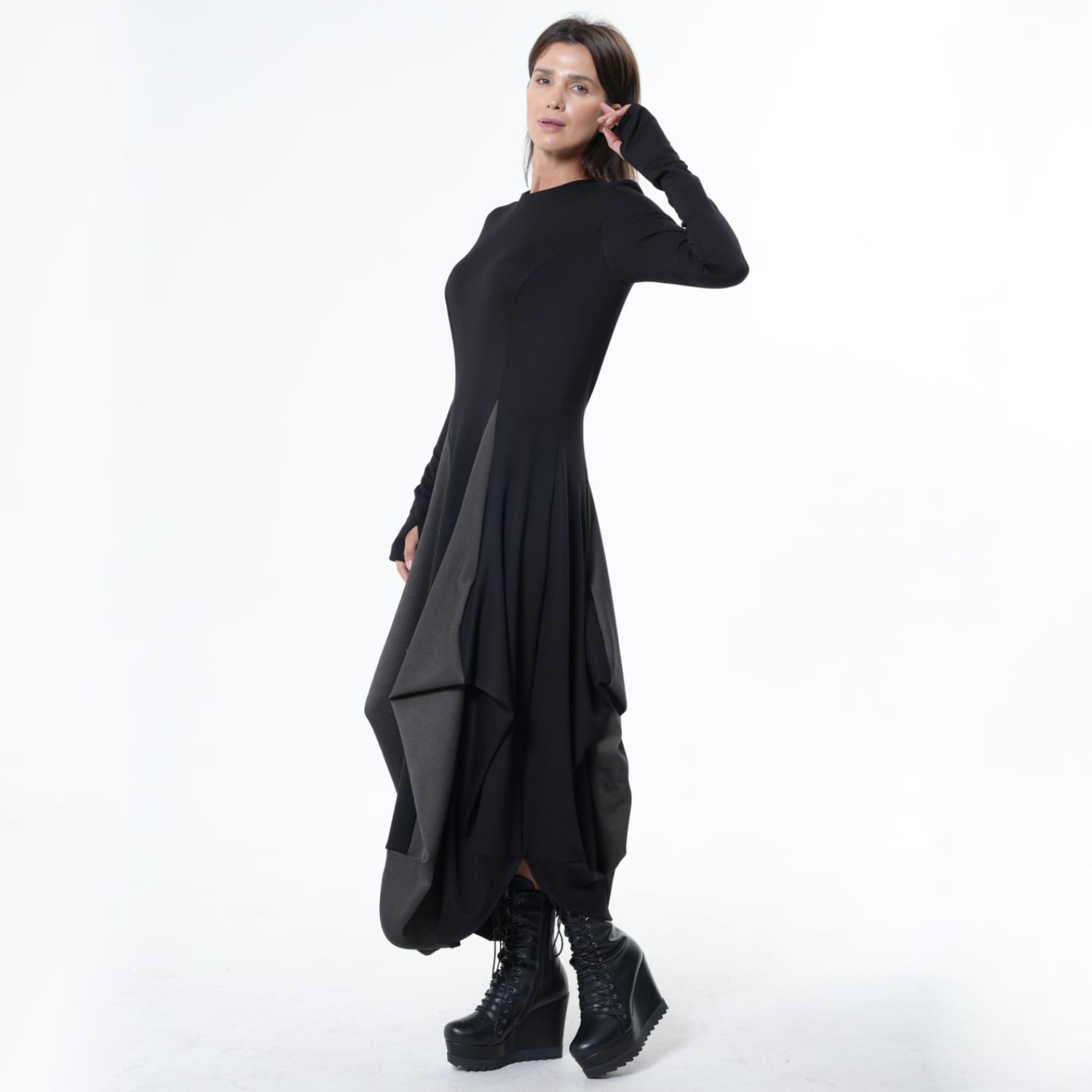 Black Long Dress With Draping And Thumbhole Sleeves | Metamorphoza | Wolf &  Badger