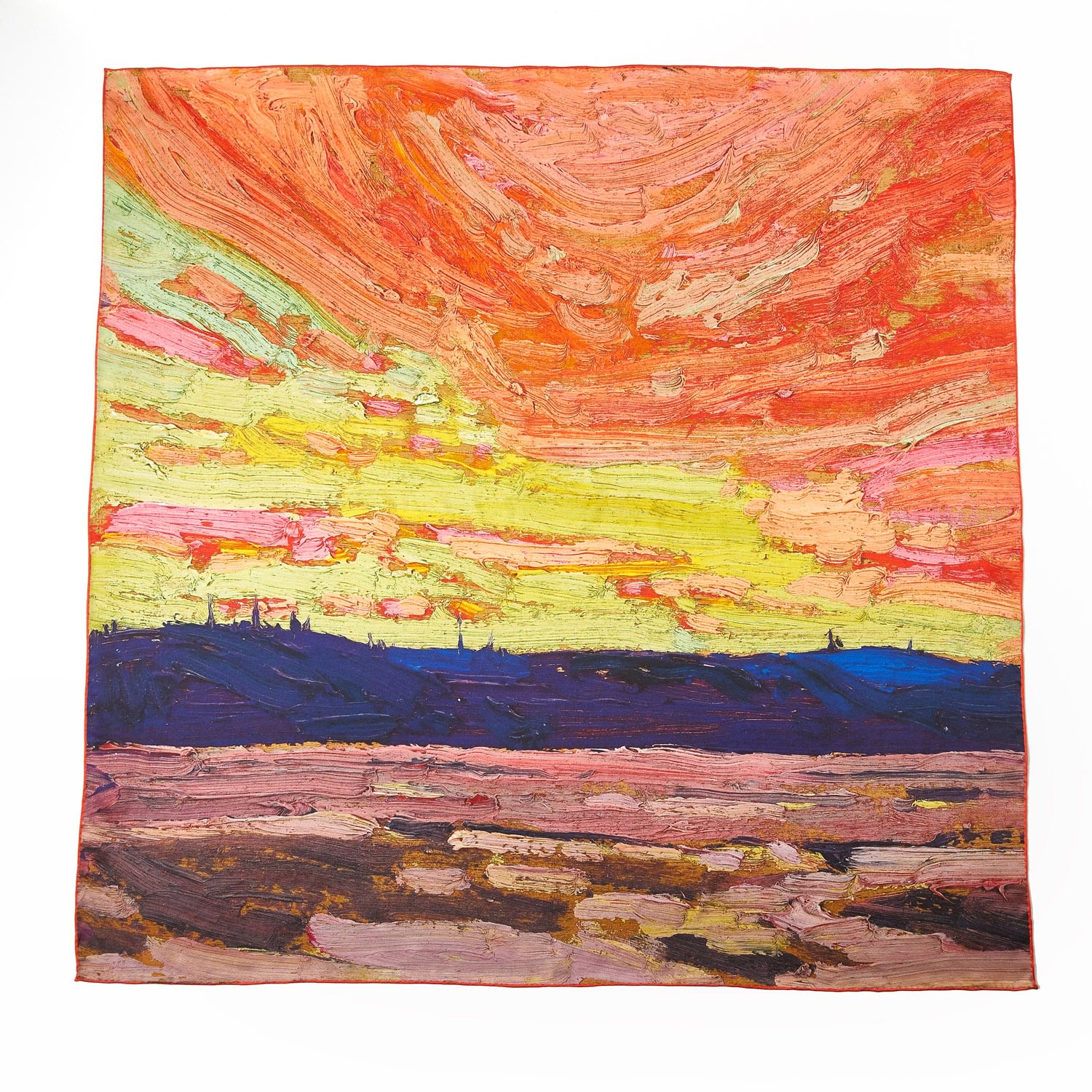 Women’s Yellow / Orange Pure Silk Scarf Oil Painting Sunset By Tom Thomson Large Large Soft Strokes Silk