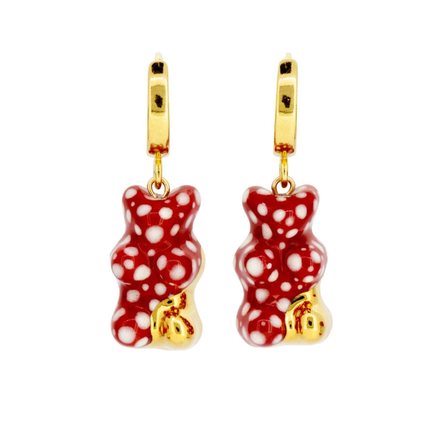 Women’s Red / Gold / White Impressive Red Gummy Bear Dangle Earrings With Gold Cj314