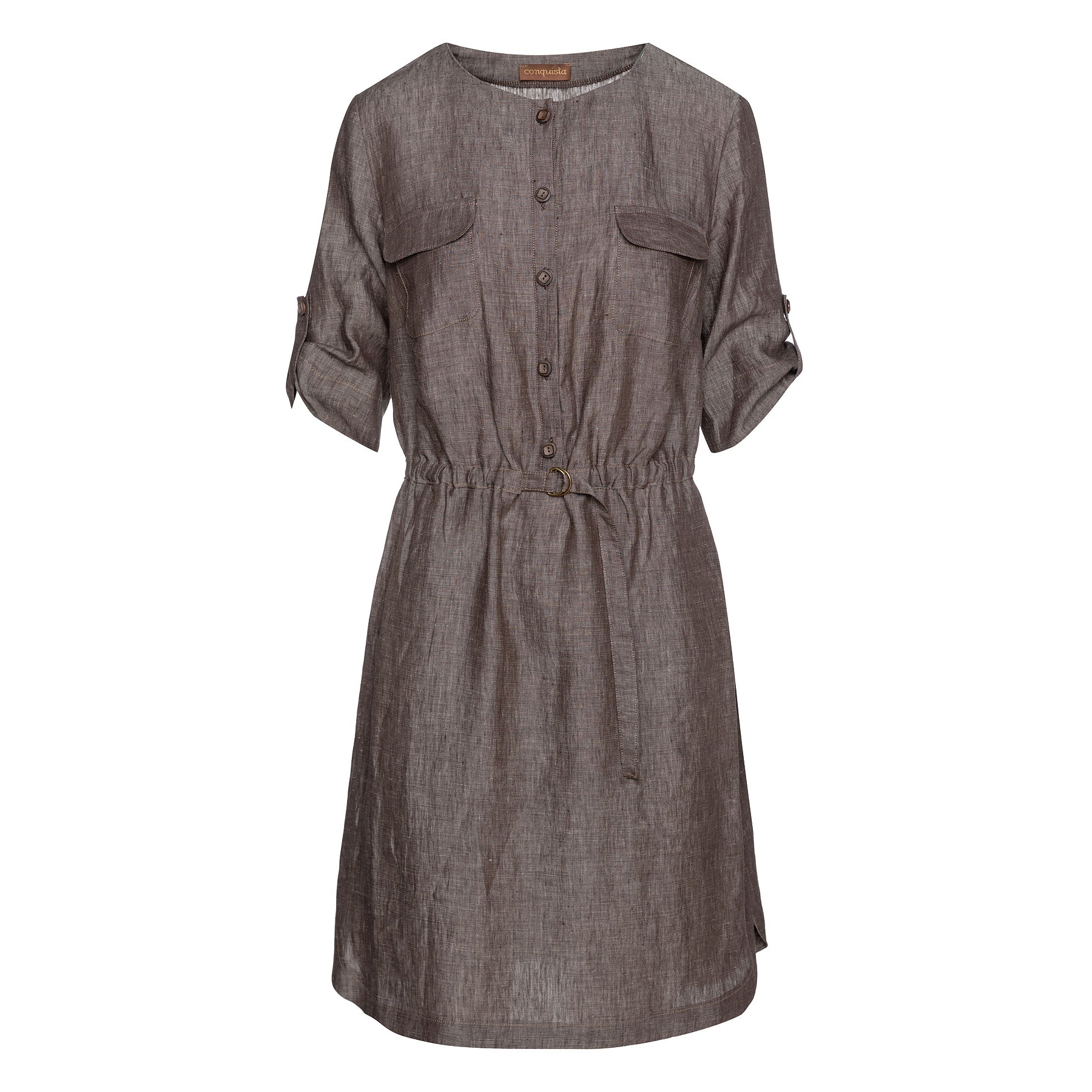 Conquista Women's Straight Brown Linen Dress With Belt Detail In Brown