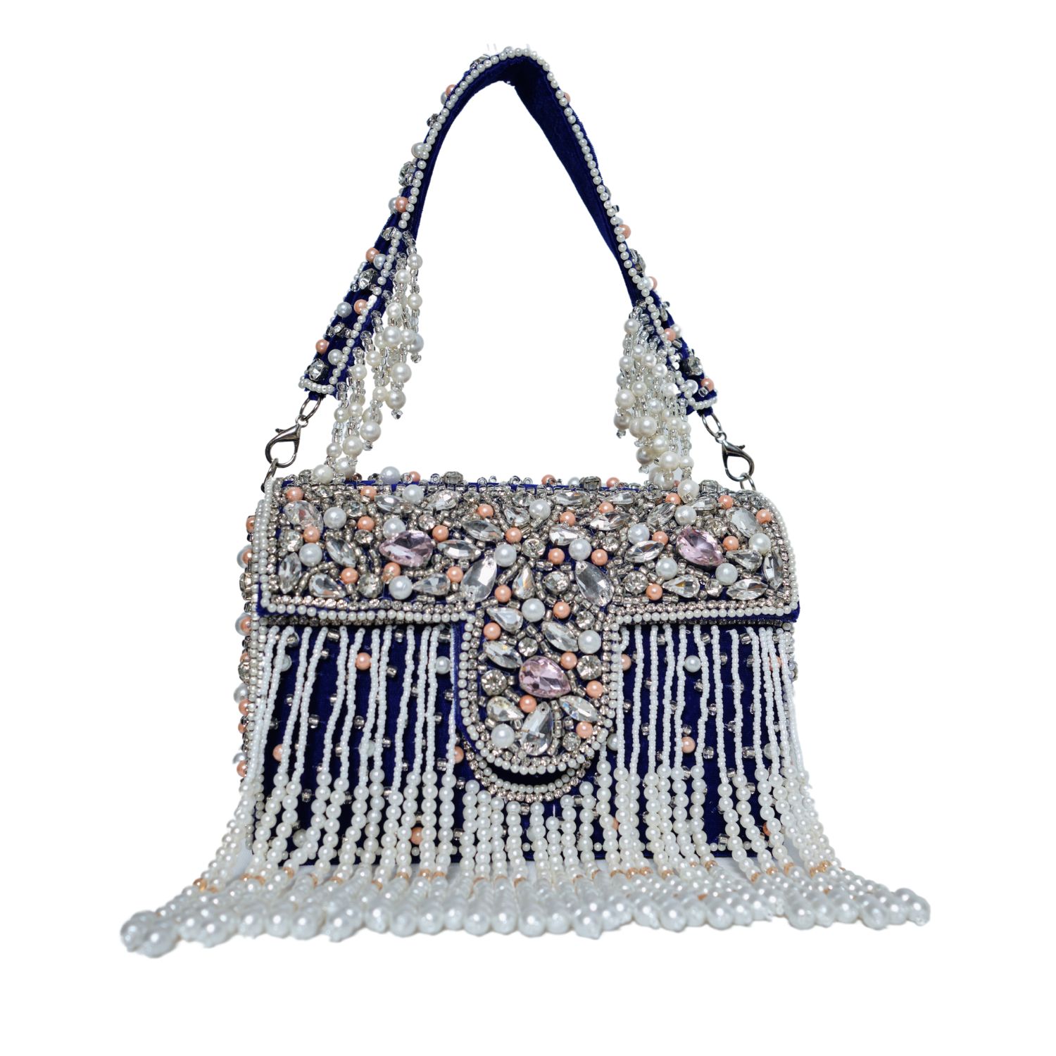 Nesavaali Women's Blue Luxury Handcrafted Premium Tassel Box Clutch In Navy In Blue