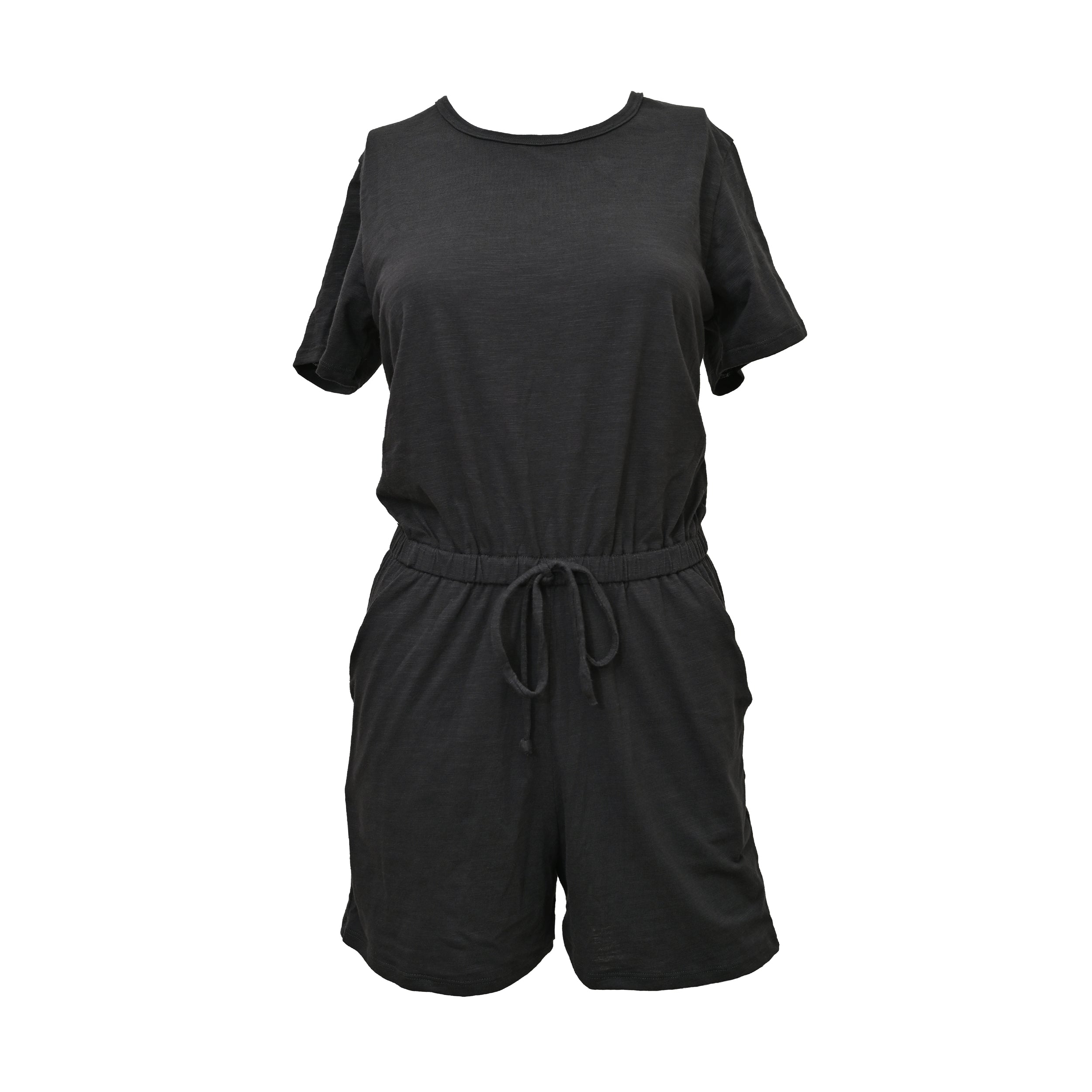 Women’s Sandy Short Sleeve Drawstring Romper - Black Medium Lezat