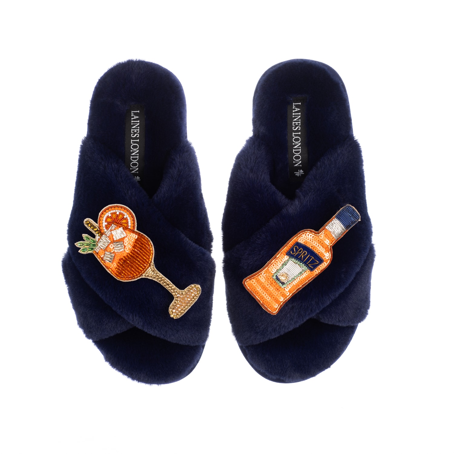Women's Blue Classic Laines Slippers With Summer Spritzer Brooches - Navy | Small | Laines London