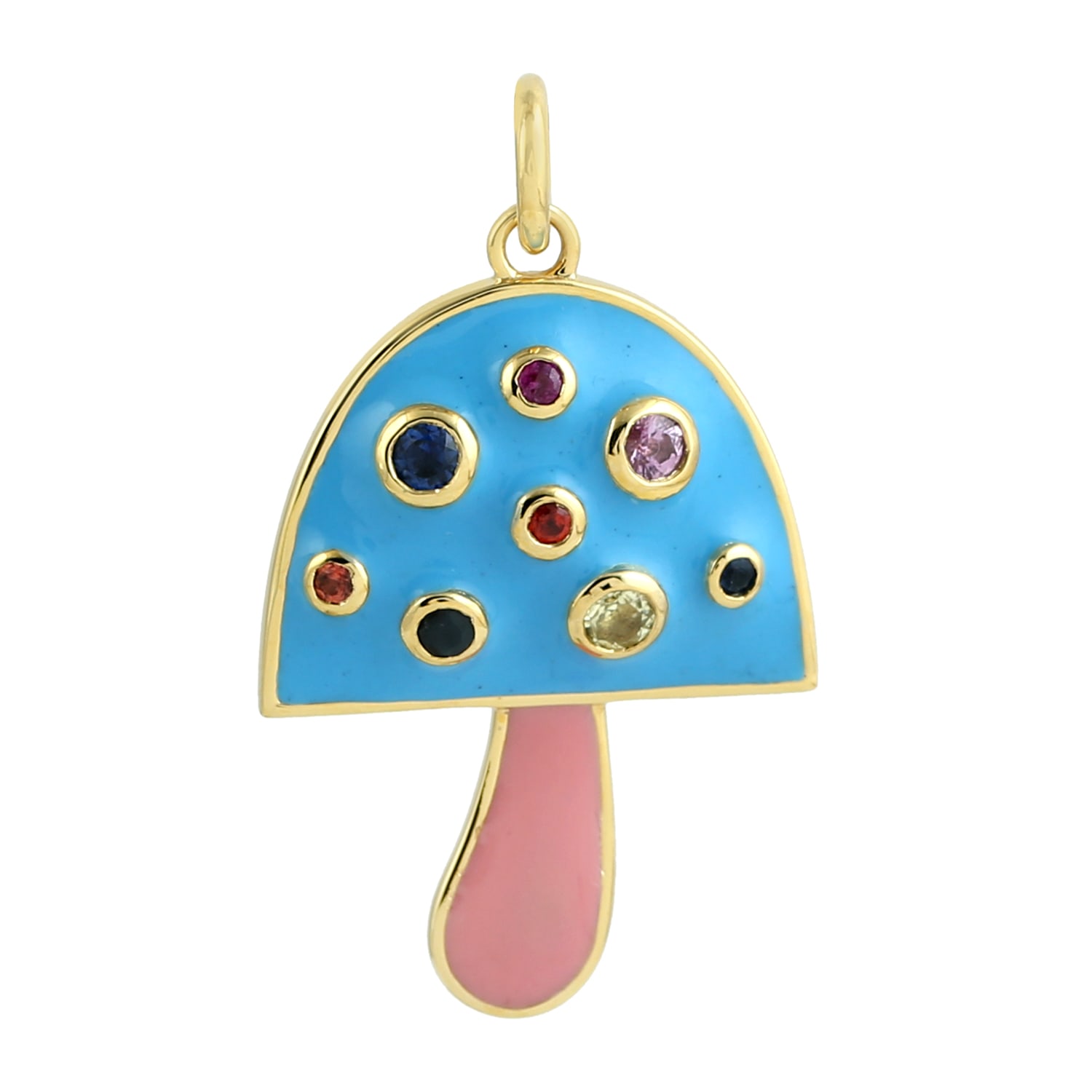 Women’s 14K Yellow Gold Multicolor Sapphire Enamel Mushroom Pendant Artisan